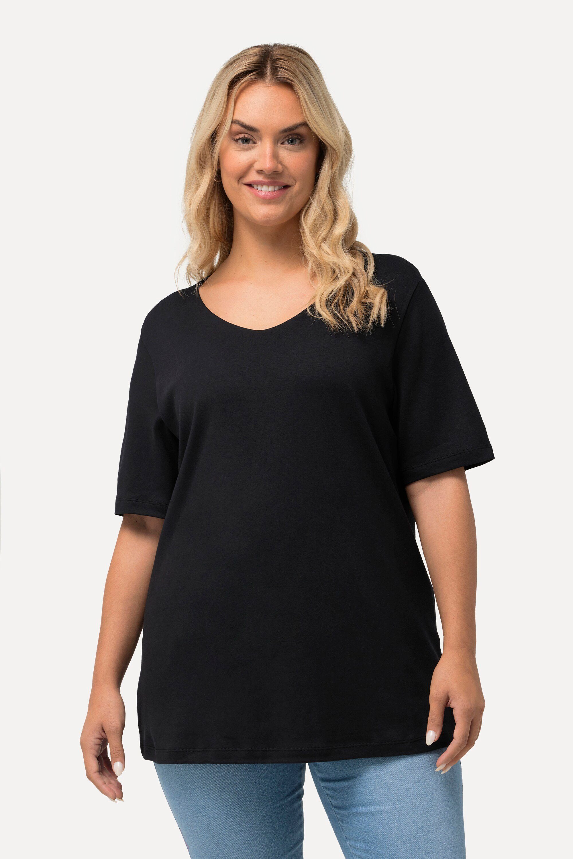 Ulla Popken Rundhalsshirt Shirt doppellagige Vorderseite Slim Rundhals