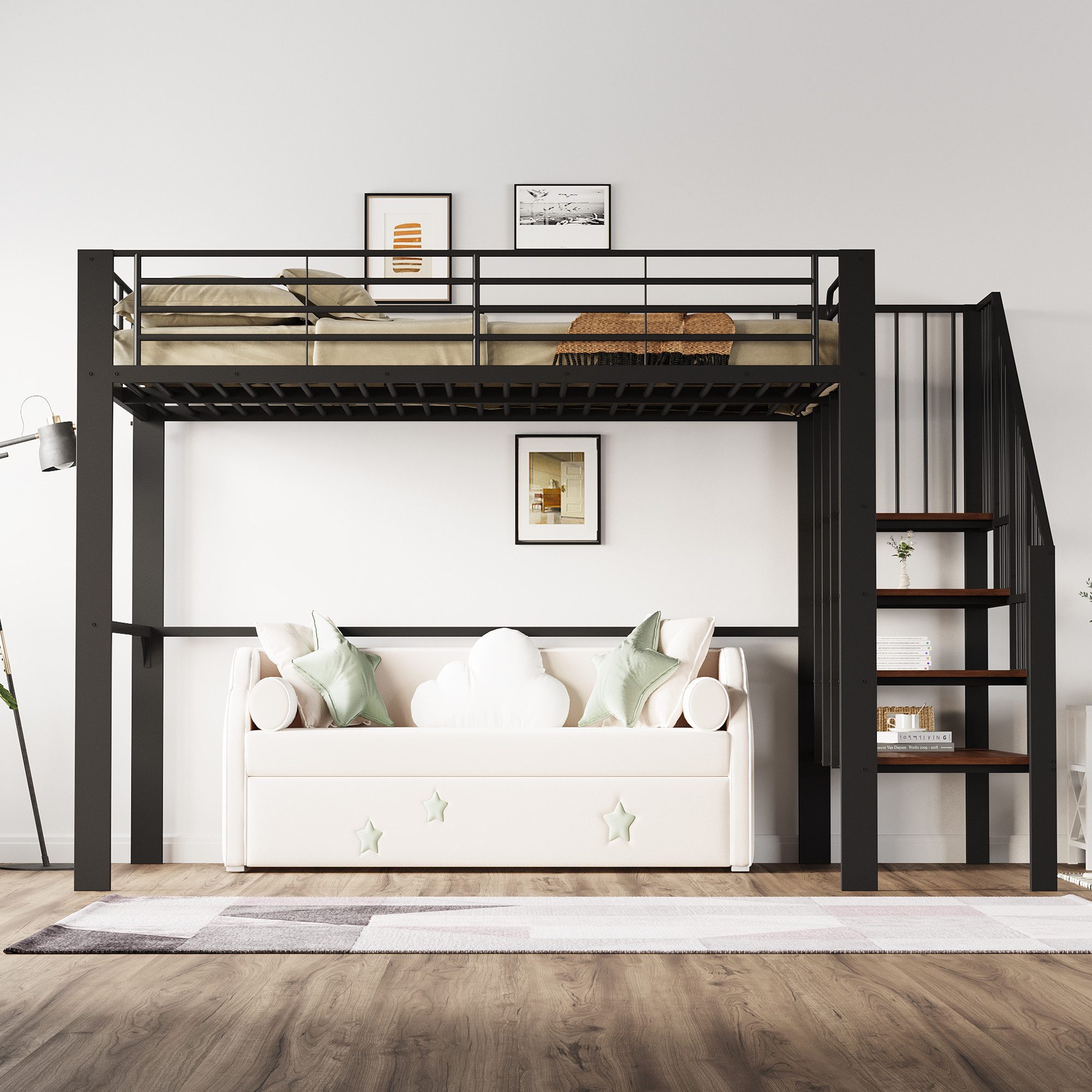 Merax Hochbett (1-St., Jugendbett Einzelbett Eisenbett) Metallbett Kinderbett 140x200cm mit Stauraum, Treppe & Sicherheitszaun
