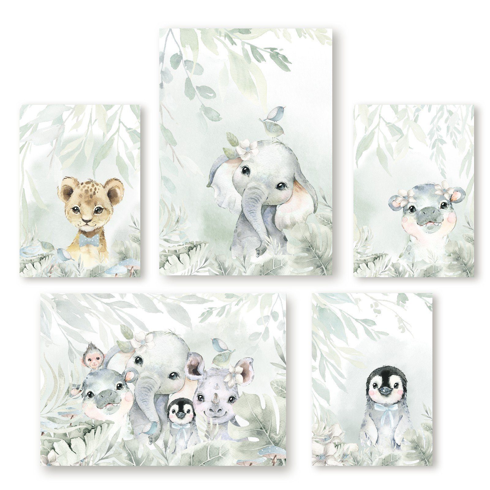 homestyle-accessoires Poster Kinderzimmer Bilderset WILDE TIERE ELEFANT LÖWE PINGUIN DSCHUNGEL, (5 St), - Ohne Bilderrahmen - sorgfältige & sichere Verpackung