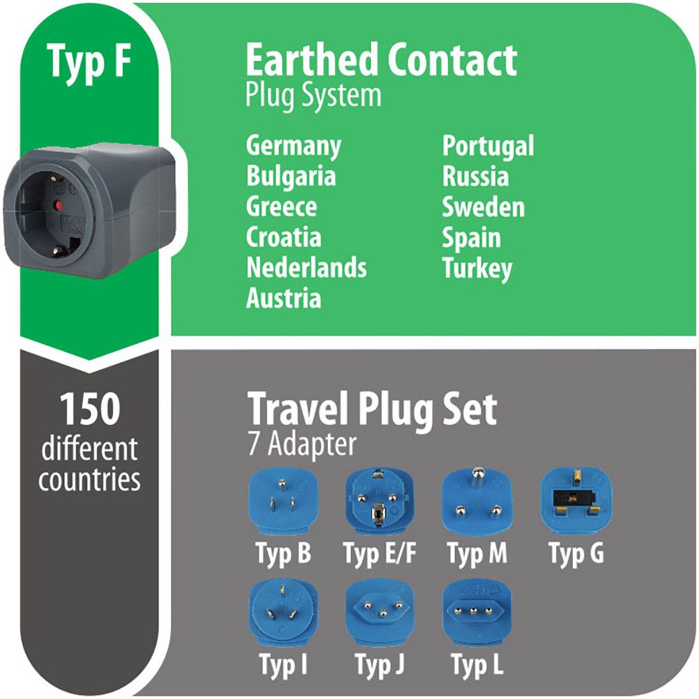 Brennenstuhl Weltreise-Set mit 10 A Sicherung Reiseadapter Typ EF (Konturenstecker) zu Typ EF (Konturenstecker), Typ G (Großbritannien), Typ L (Italien) – Bild 3 von 5