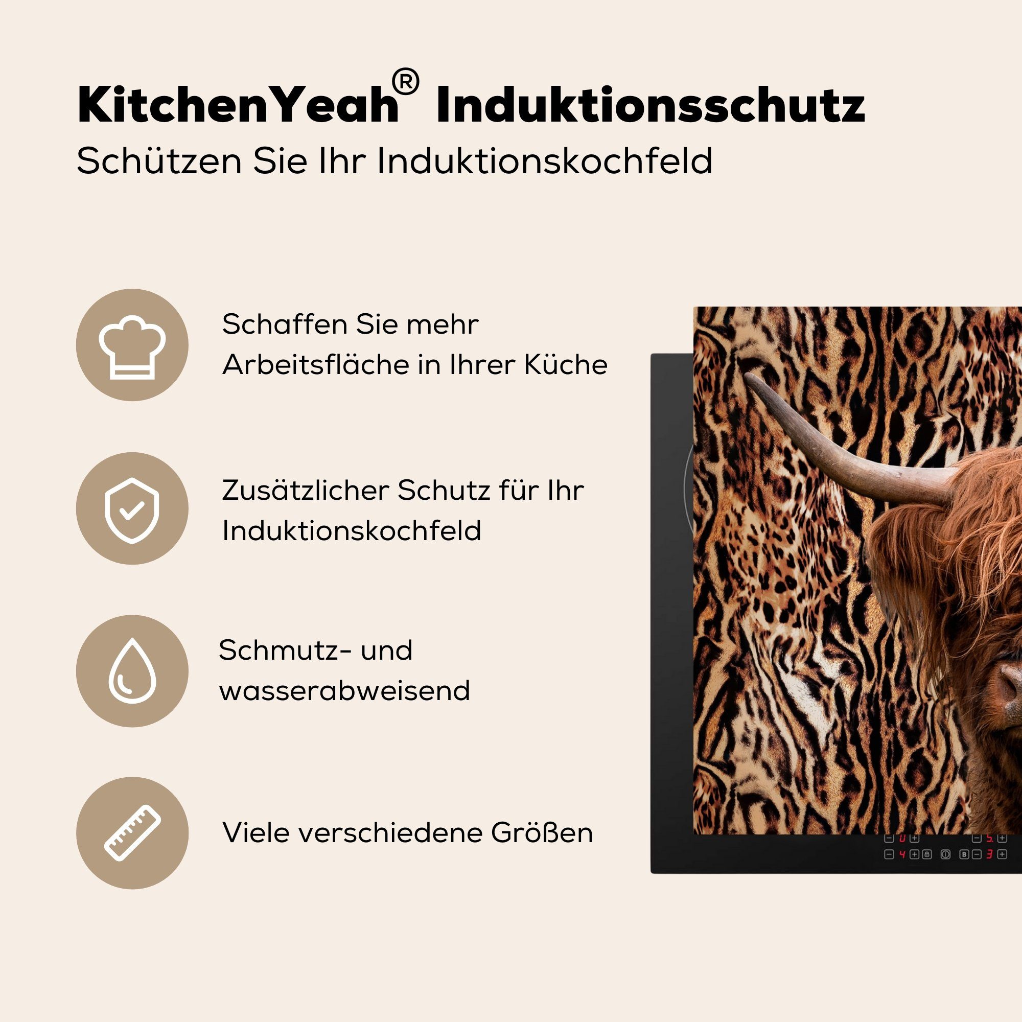 MuchoWow Herdblende-/Abdeckplatte die Tiere Induktionsmatte Schottischer - - Highlander, küche, Ceranfeldabdeckung Vinyl, 59x52 Druck Panther tlg), für cm, (1
