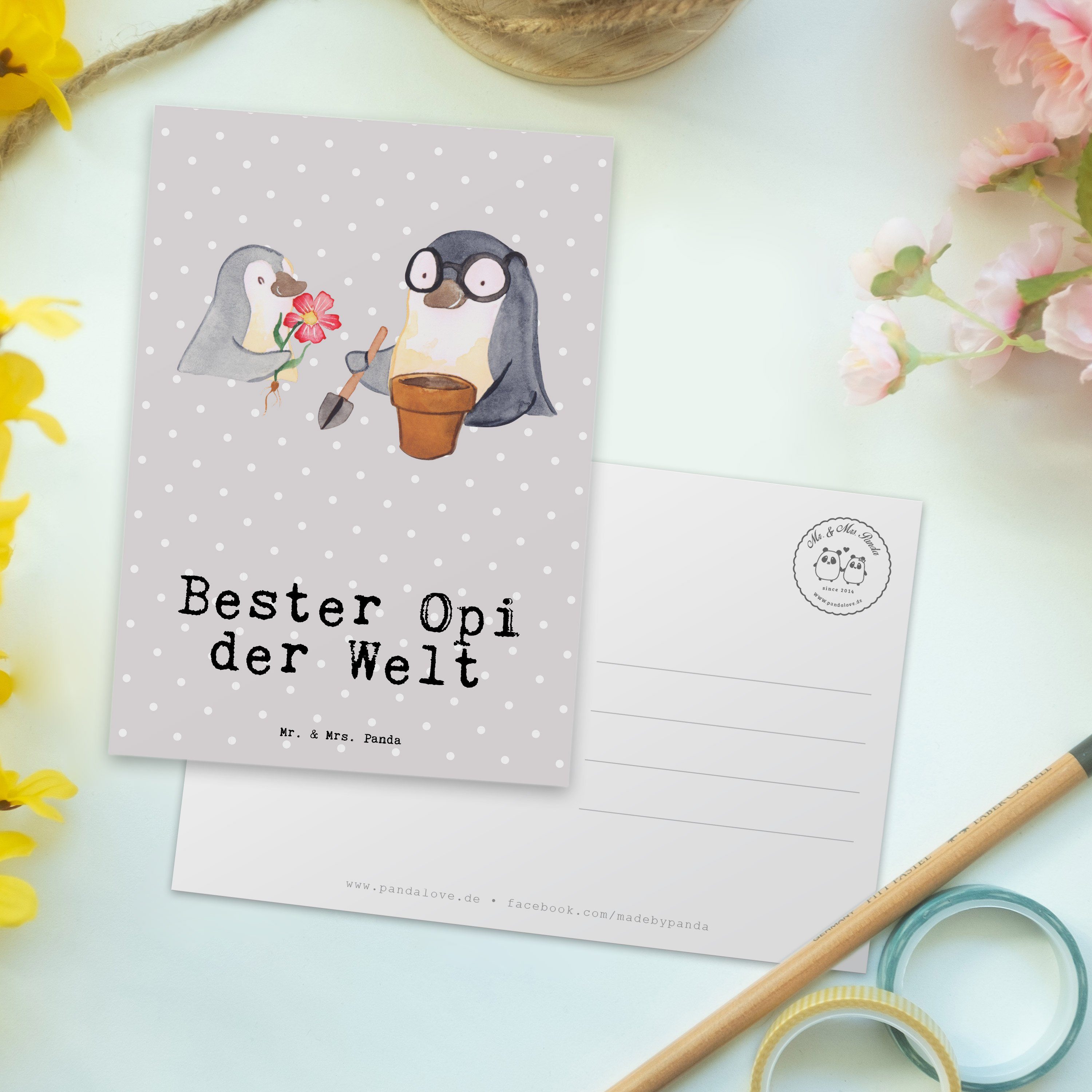 Postkarte Pinguin Pastell - Bester Geschenk, Mrs. Panda Ei Mr. der Welt - Geburtstag, & Grau Opi