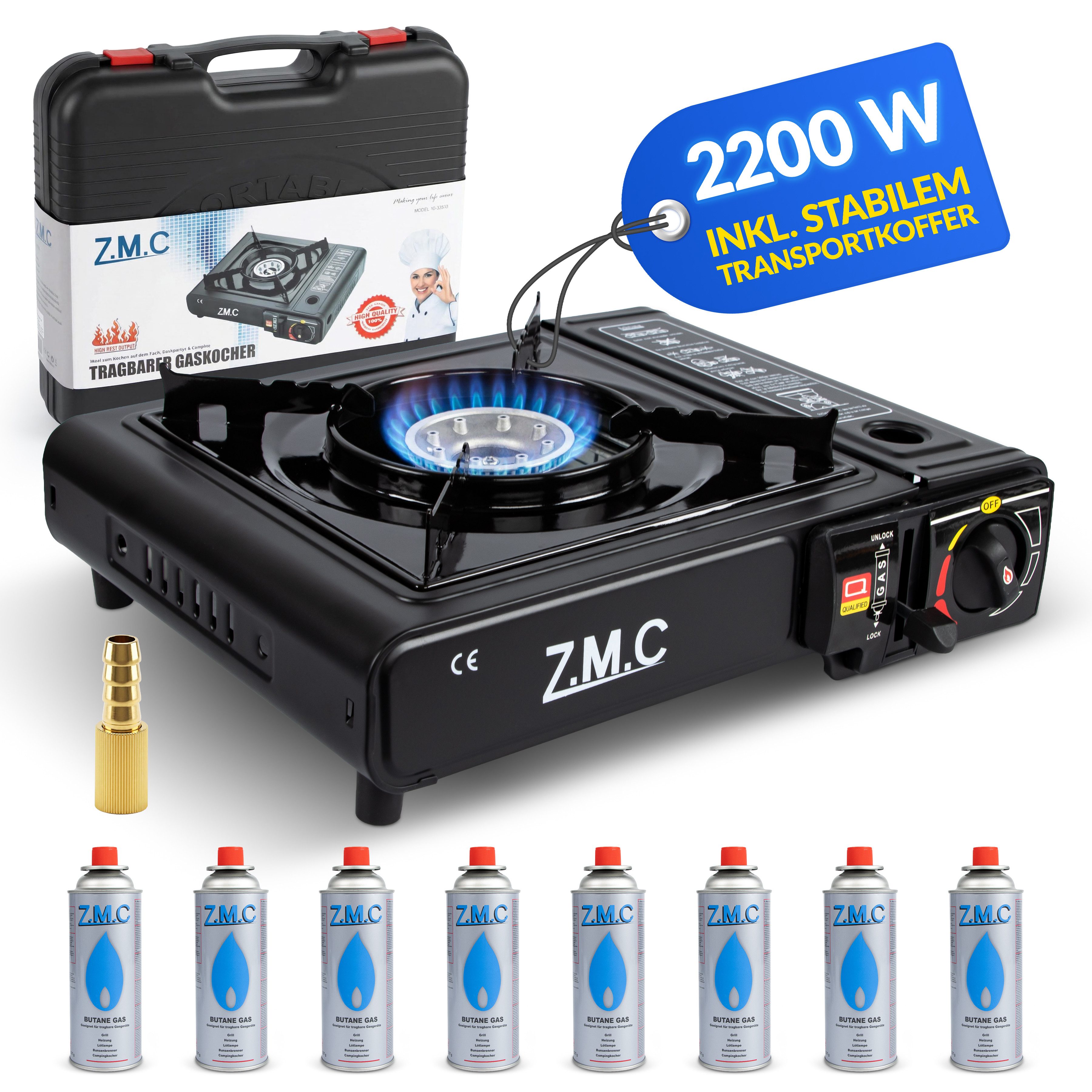 ZMC Gaskocher Campingkocher 1-flammig mit Transportkoffer + 8x Gaskartuschen, (Spar-Set, 2200 W, inkl. Piezozündung & Druckregler), Gaskochfeld Butan Outdoor Indoor Kartuschenkocher Tischkocher Gasherd von ZMC
