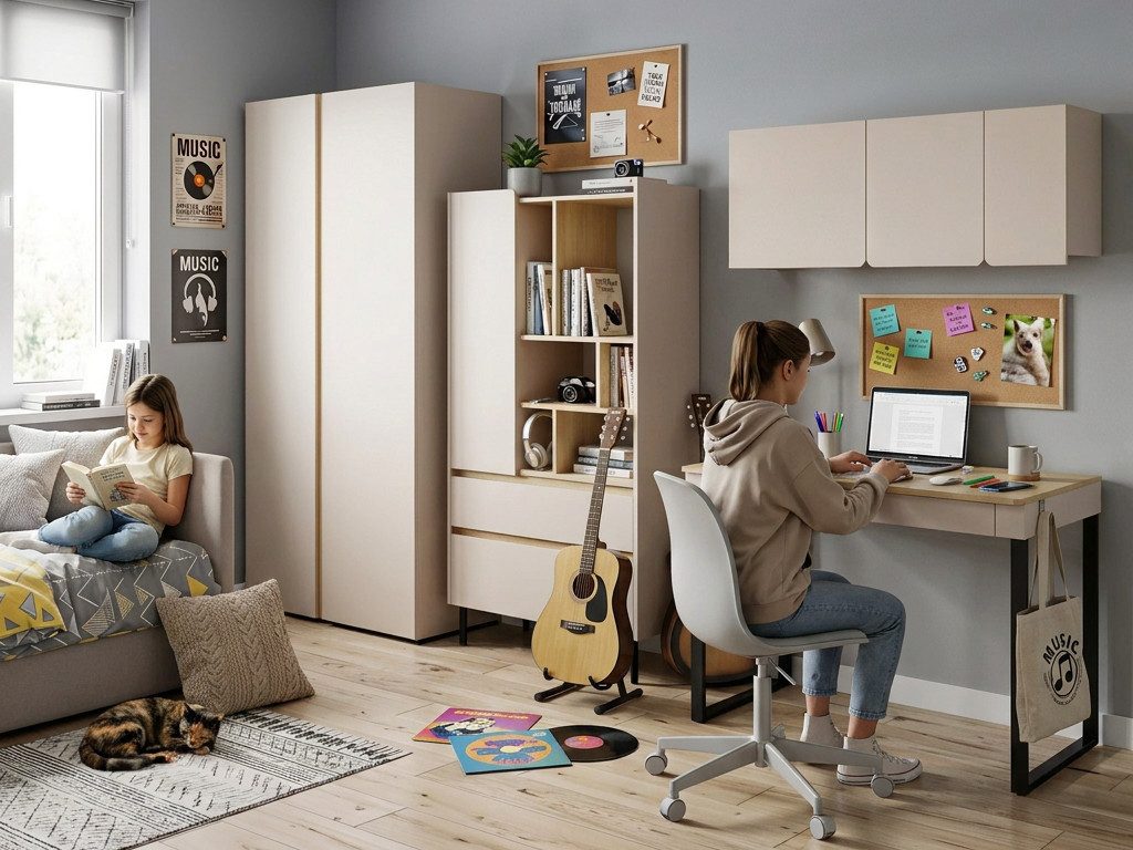 Beautysofa Jugendzimmer-Set LICO im modernen Stil, (Kinderzimmer Möbel grifflos, Set 4-teilig Kleiderschrank Bücherregal Schreibtisch Hängeregal), moderne Farben Sandbeige oder Eukalyptus
