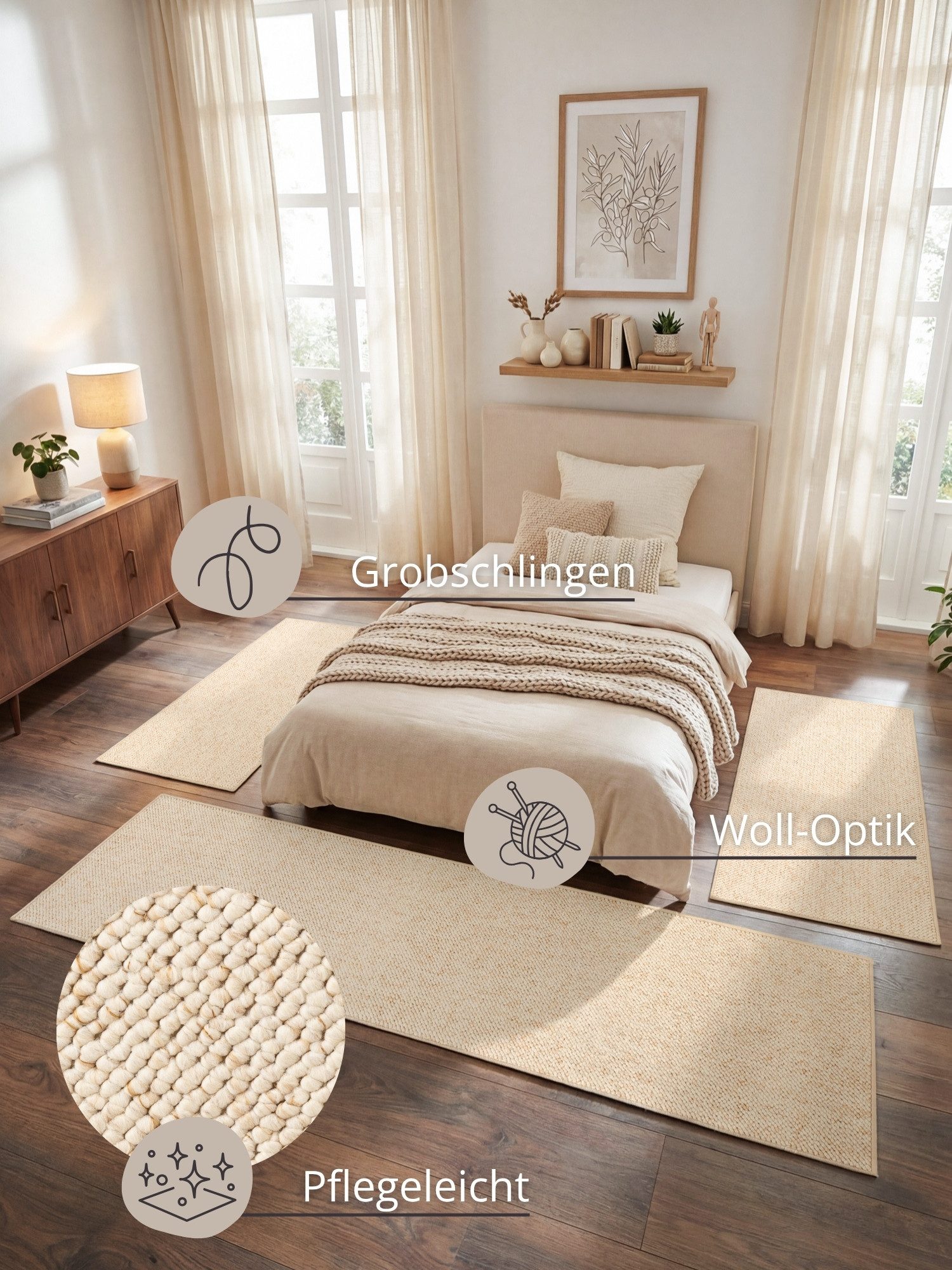 HANSE Home Bettumrandung Wolly 2, Höhe 12 mm, (3-tlg), Bettvorleger, 3-teiliger Läufer Set, Unifarben, Kurzflor, Bettläufer