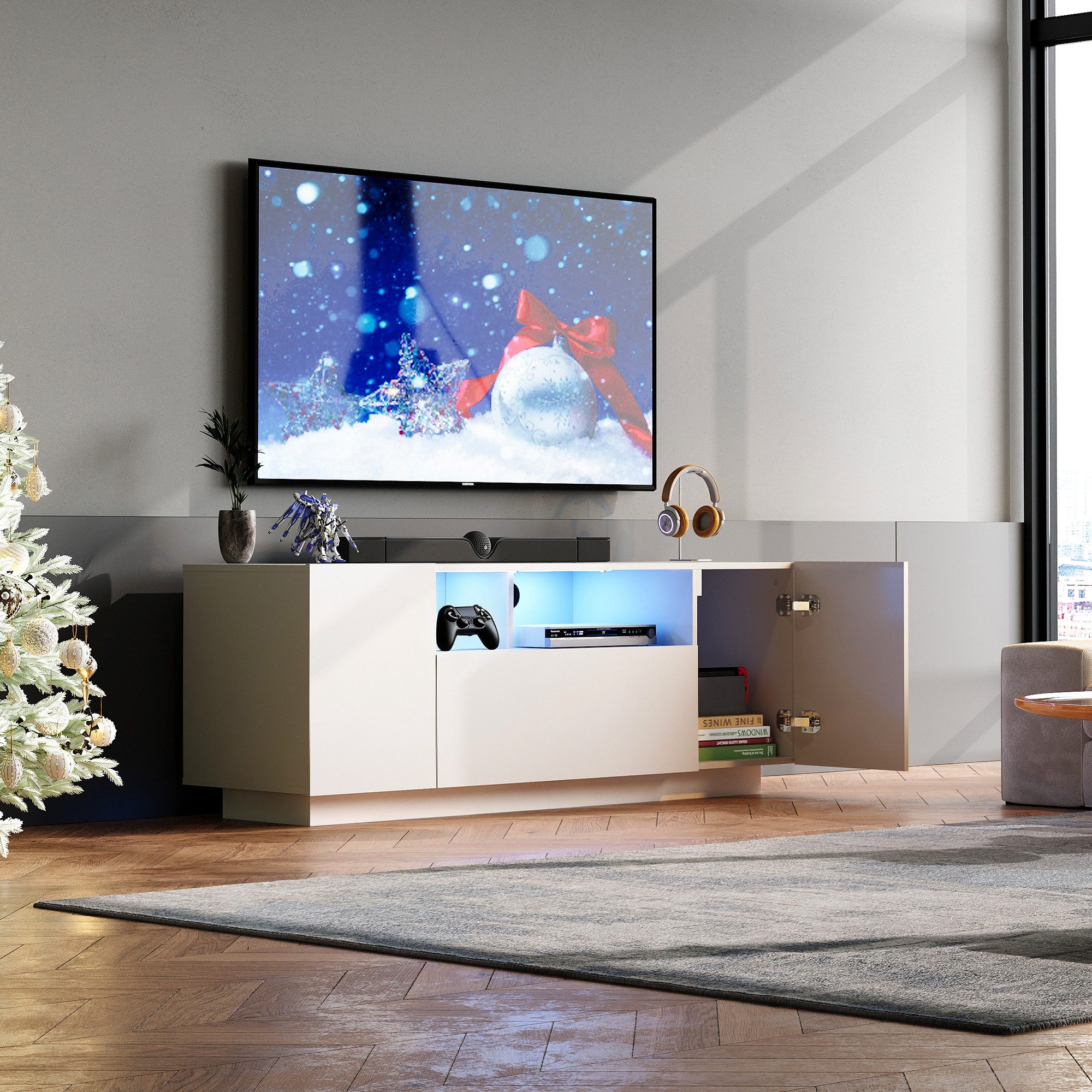 WLIVE TV-Schrank TV-Lowboard mit RGB-LED-Beleuchtung & Soft-Close, 122/170 × 36 × 45 cm (TV Board mit Schränken und 2 Freiflächen, großer Stauraum) Fernsehschrank mit Klapptür, Weiß