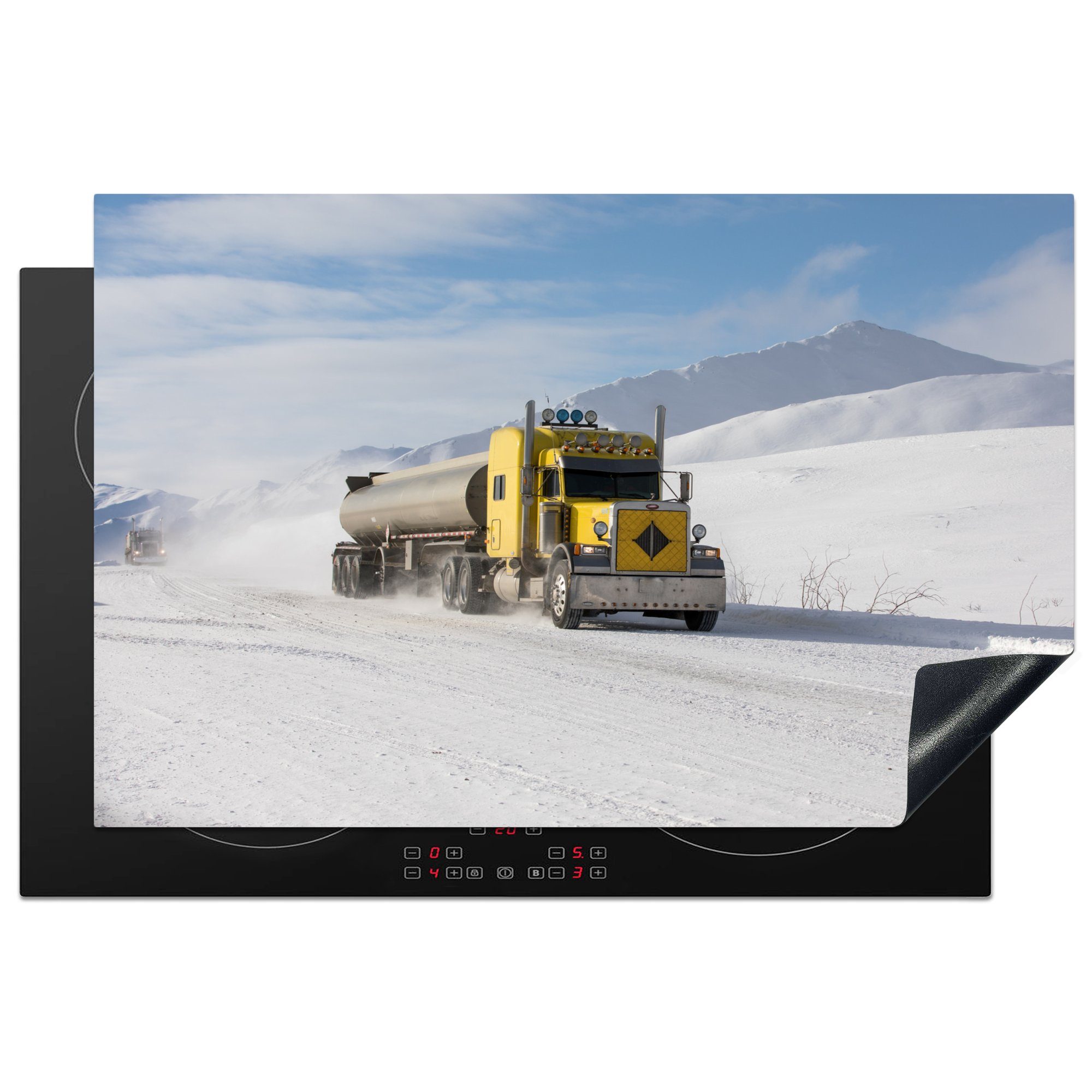 MuchoWow Herdblende-/Abdeckplatte Lastwagen im Schnee, (1 tlg), die 81x52 küche, Ceranfeldabdeckung Schutz cm, Vinyl, für Induktionskochfeld