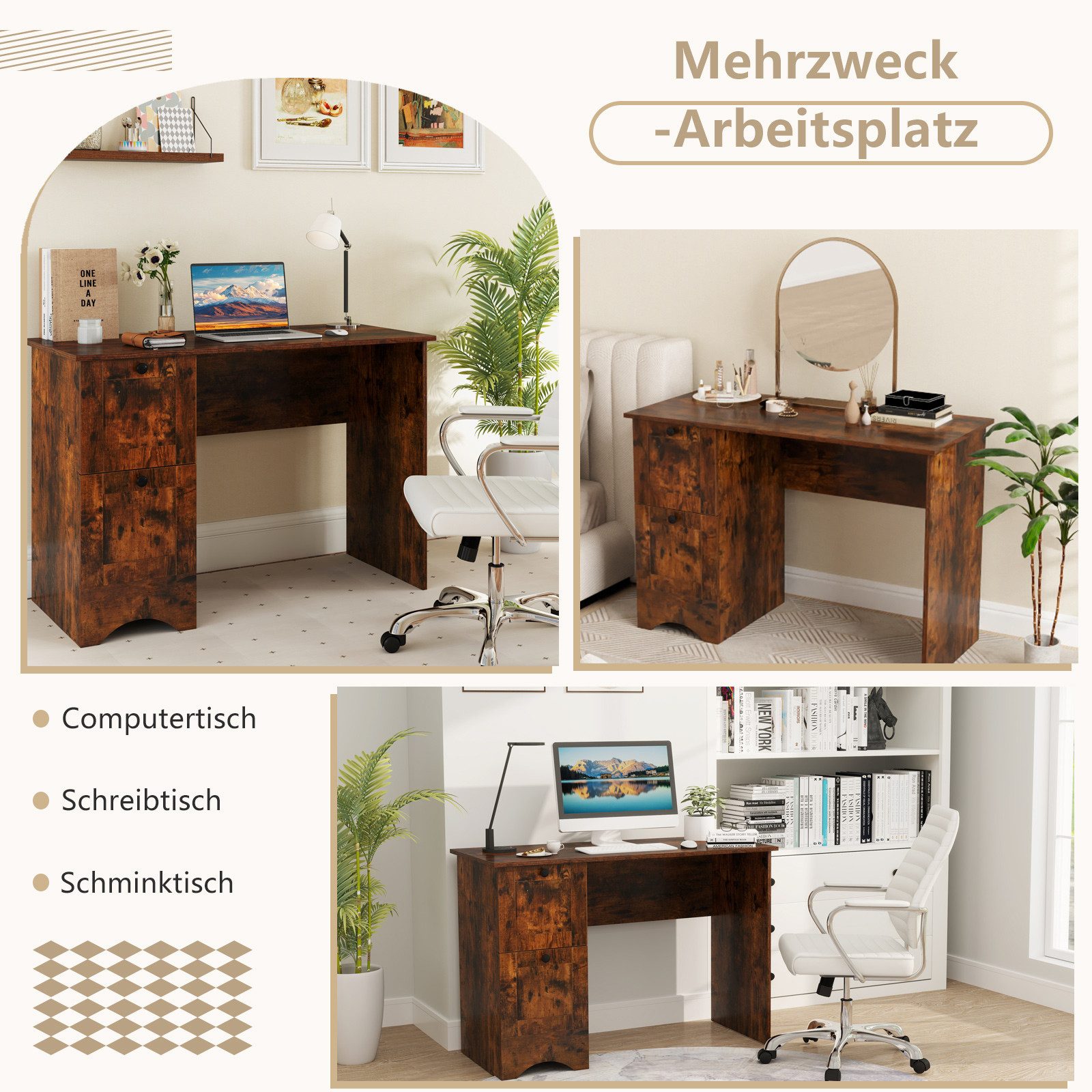 COSTWAY Computertisch, mit 2 Schubladen 109 x 50 x 75 cm rustikales Braun