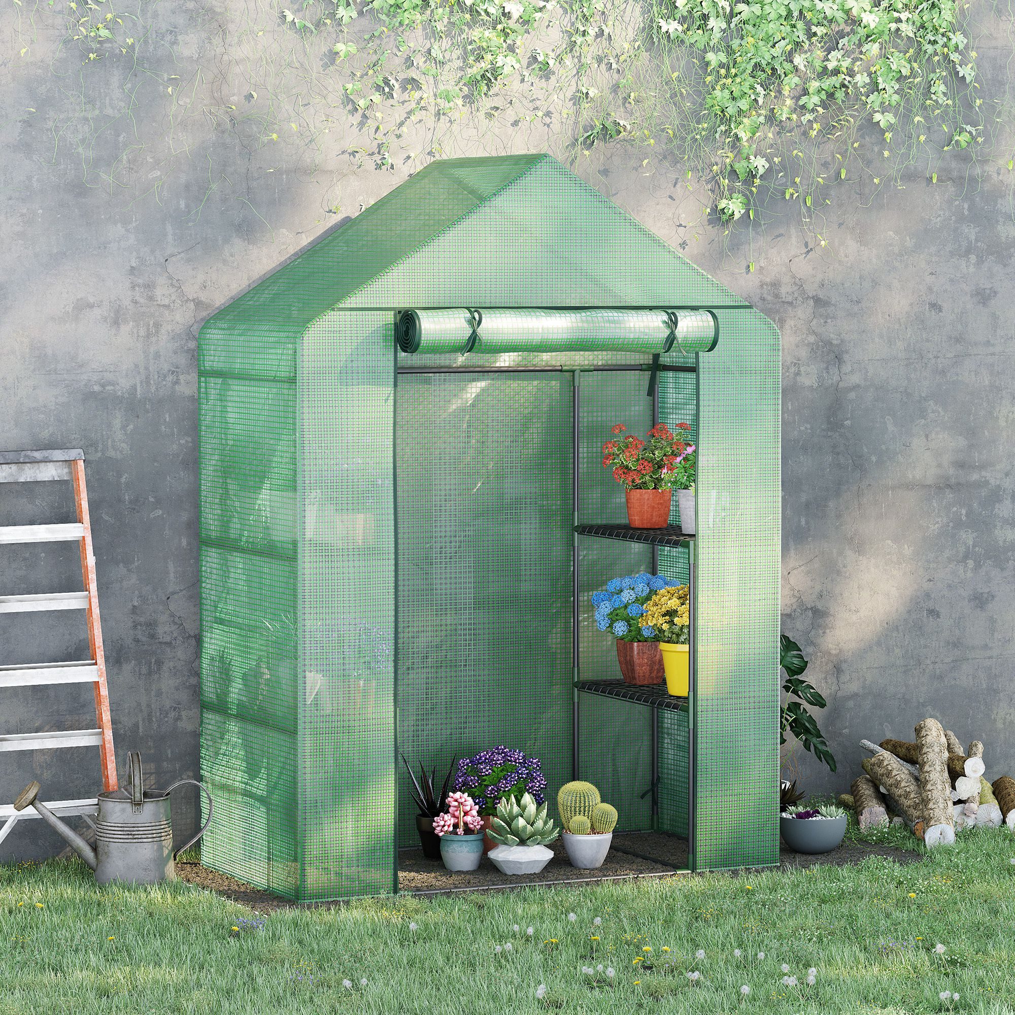 Outsunny Foliengewächshaus Gewächshaus mit 6 Regalebenen begehbares Gartenhäuschen Frühbeet, BxTxH: 141 x 72 x 191 cm, BxLxH: 72 x 141 x 191 cm, Tomatenhaus 1-St., Treibhaus, Pflanzenhaus mit aufrollbarem Eingang, Grün, 141 x 72 x 191 cm