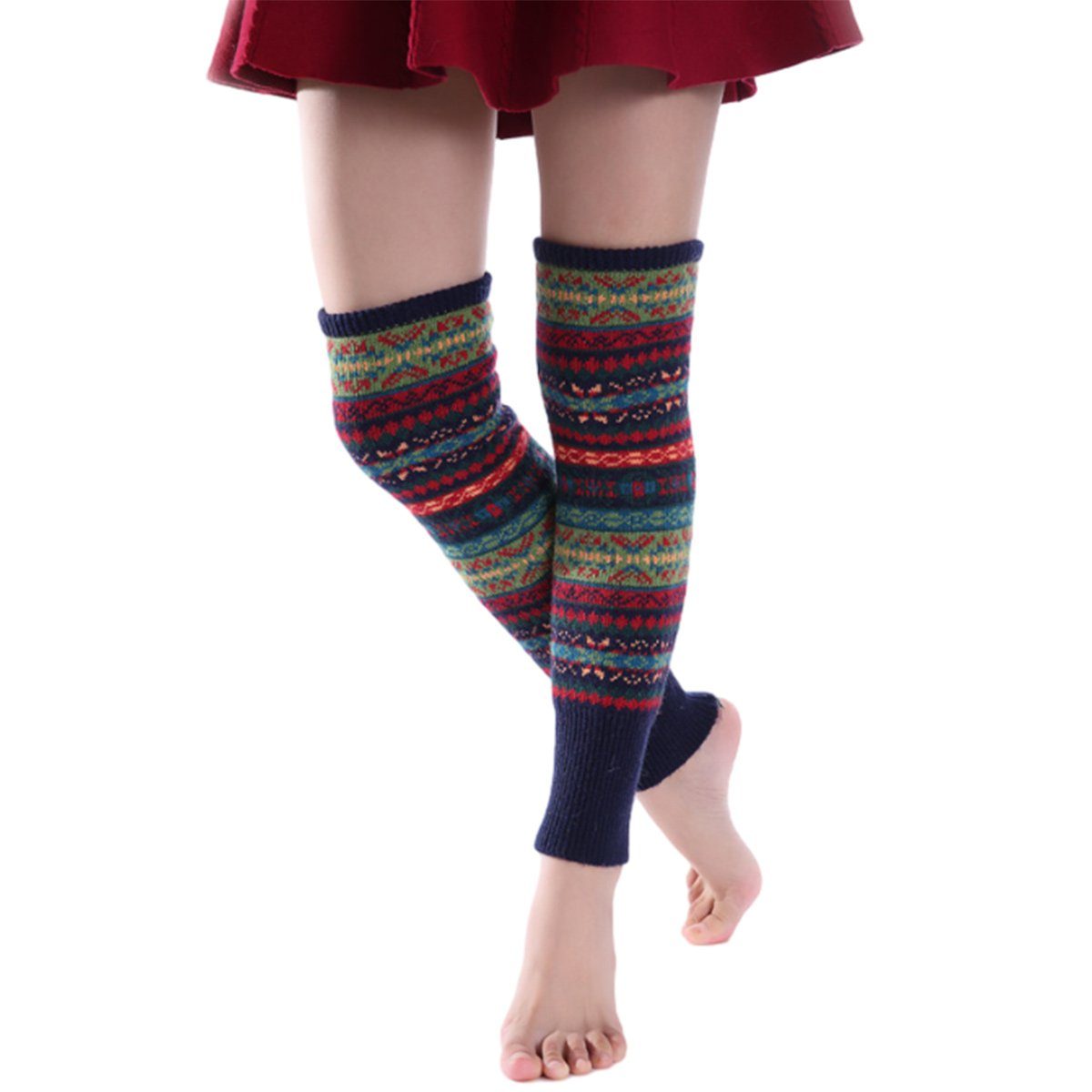 Jormftte Beinstulpen Damen Lange Winter Legwarmer Böhmischer Stil,Knit Socken,für Weihnacht marineblau