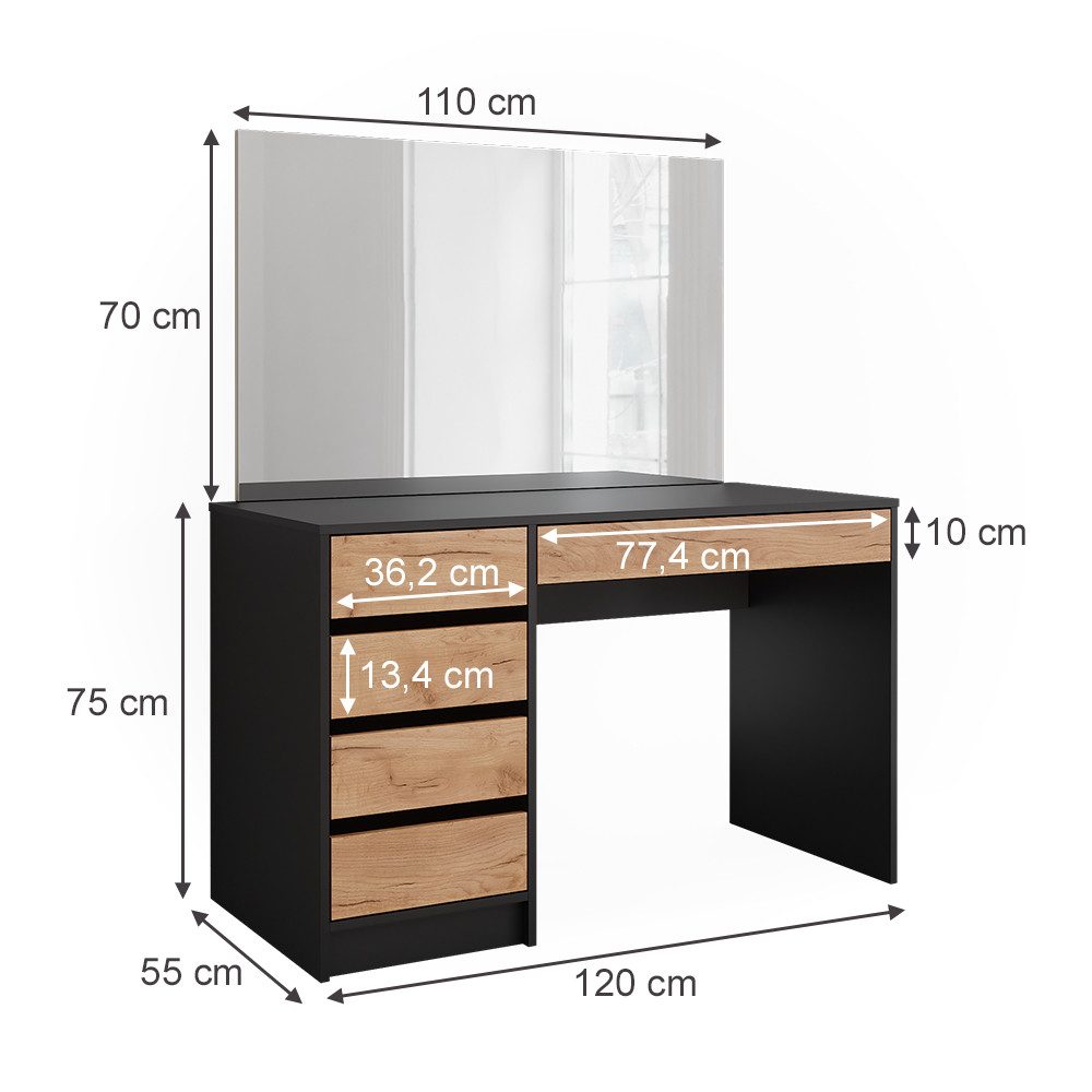 Vicco Schminktisch Sherry, Anthrazit/Goldkraft Eiche/Goldkraft Eiche, 120 x 75 cm mit ... (2-St)