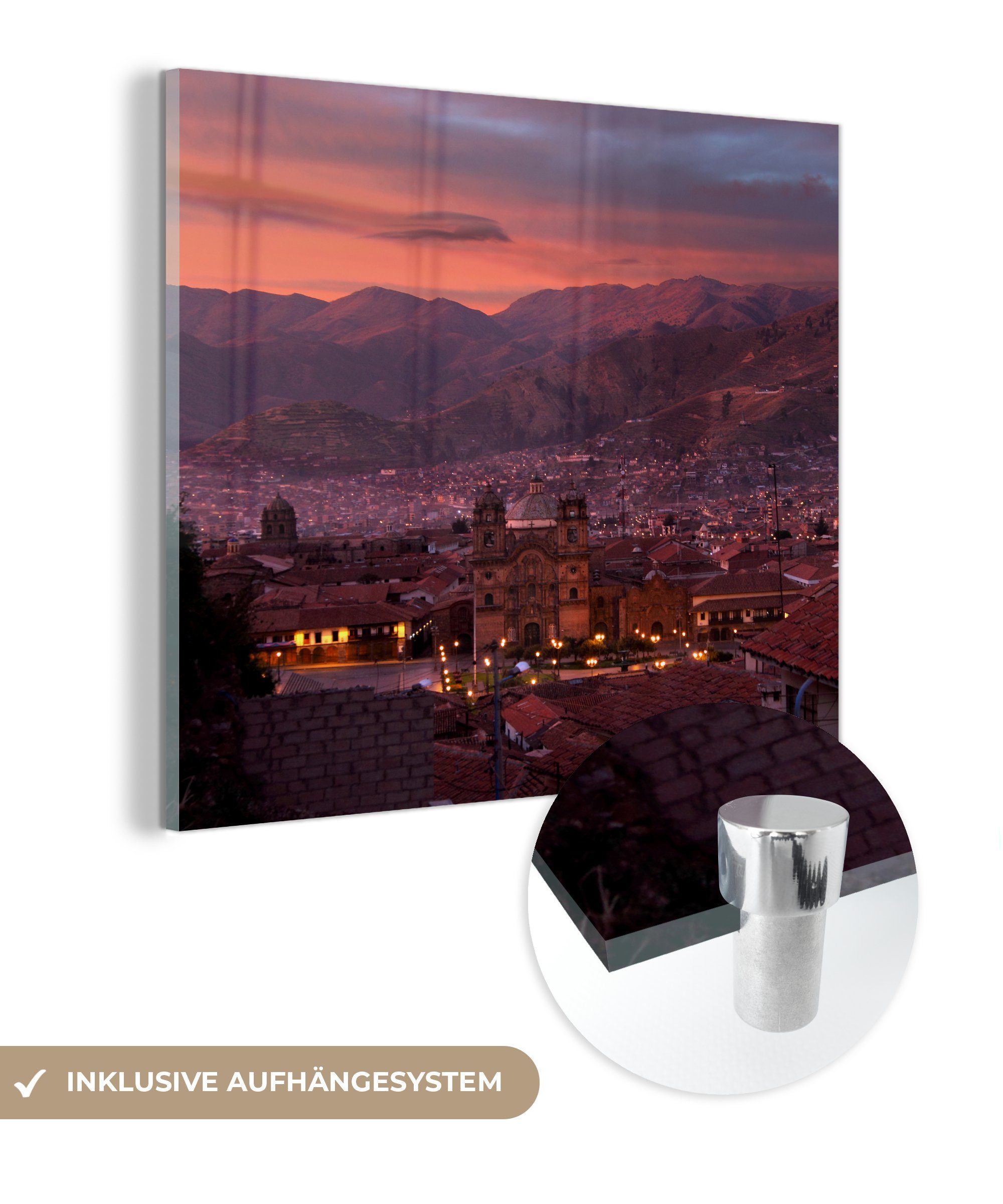MuchoWow Acrylglasbild Sonnenuntergang in der Stadt Cuzco in Peru, (1 St), Glasbilder - Bilder auf Glas Wandbild - Foto auf Glas - Wanddekoration