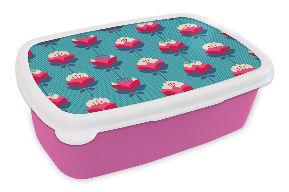 MuchoWow Lunchbox Muster - Retro - Lilie, Kunststoff, (2-tlg), Brotbox für Erwachsene, Brotdose Kinder, Snackbox, Mädchen, Kunststoff rosa