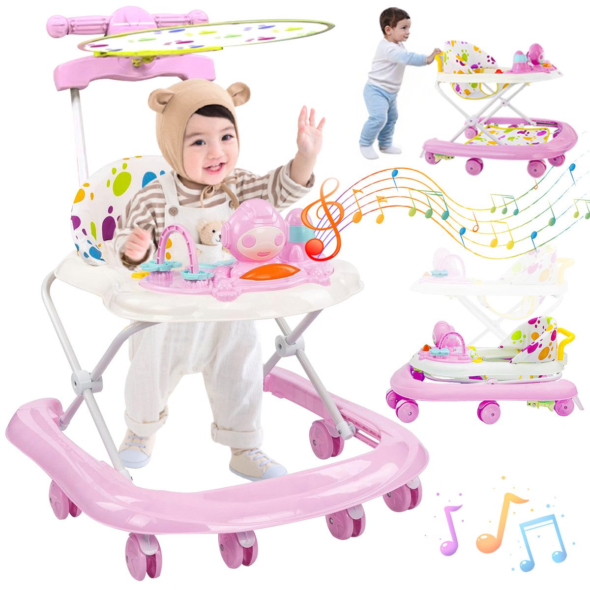 Lauflernwagen 3-in-1 Baby Lauflernhilfe mit Höhenverstellung faltbarem Design rosa