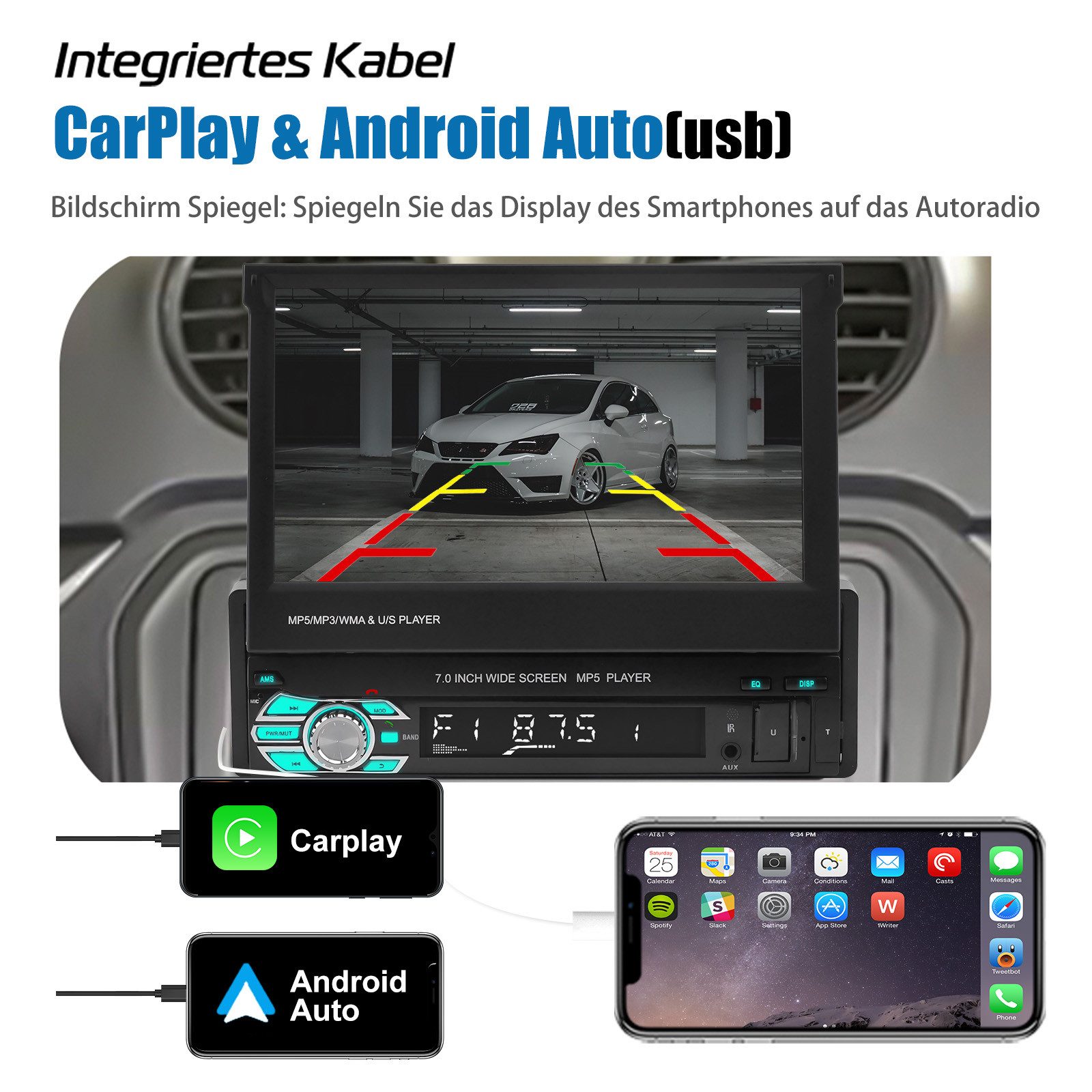 ESSGOO Autoradio 1 DIN 7" WinCE Flip Bildschirm Touchscreen Carplay BT RDS Navigationsgerät – Bild 4 von 5