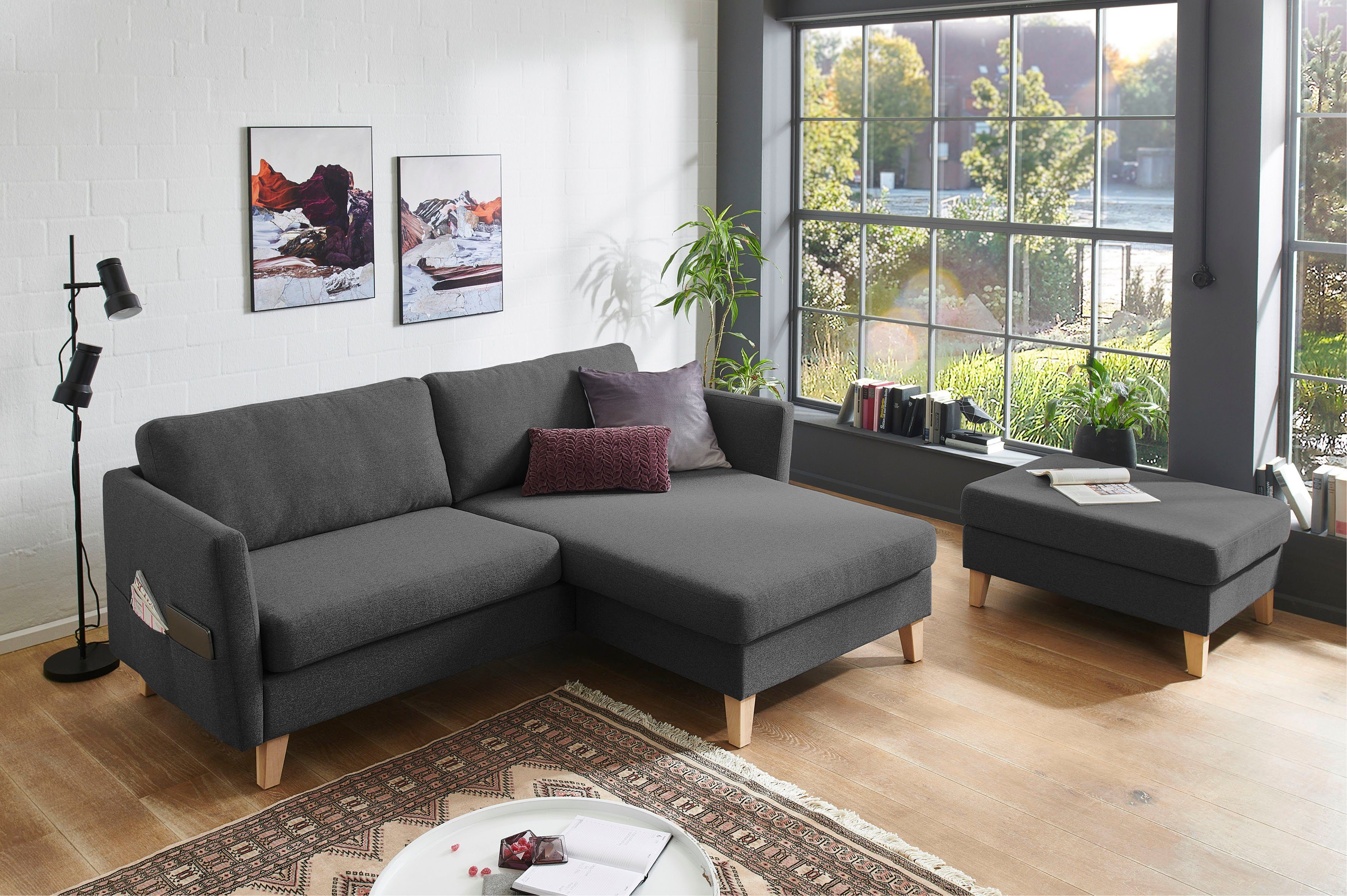 Ecksofa anthrazit Mailo, montierbar, mit beidseitig ATLANTIC Massivholzfüße Recamiere Seitentaschen, home collection