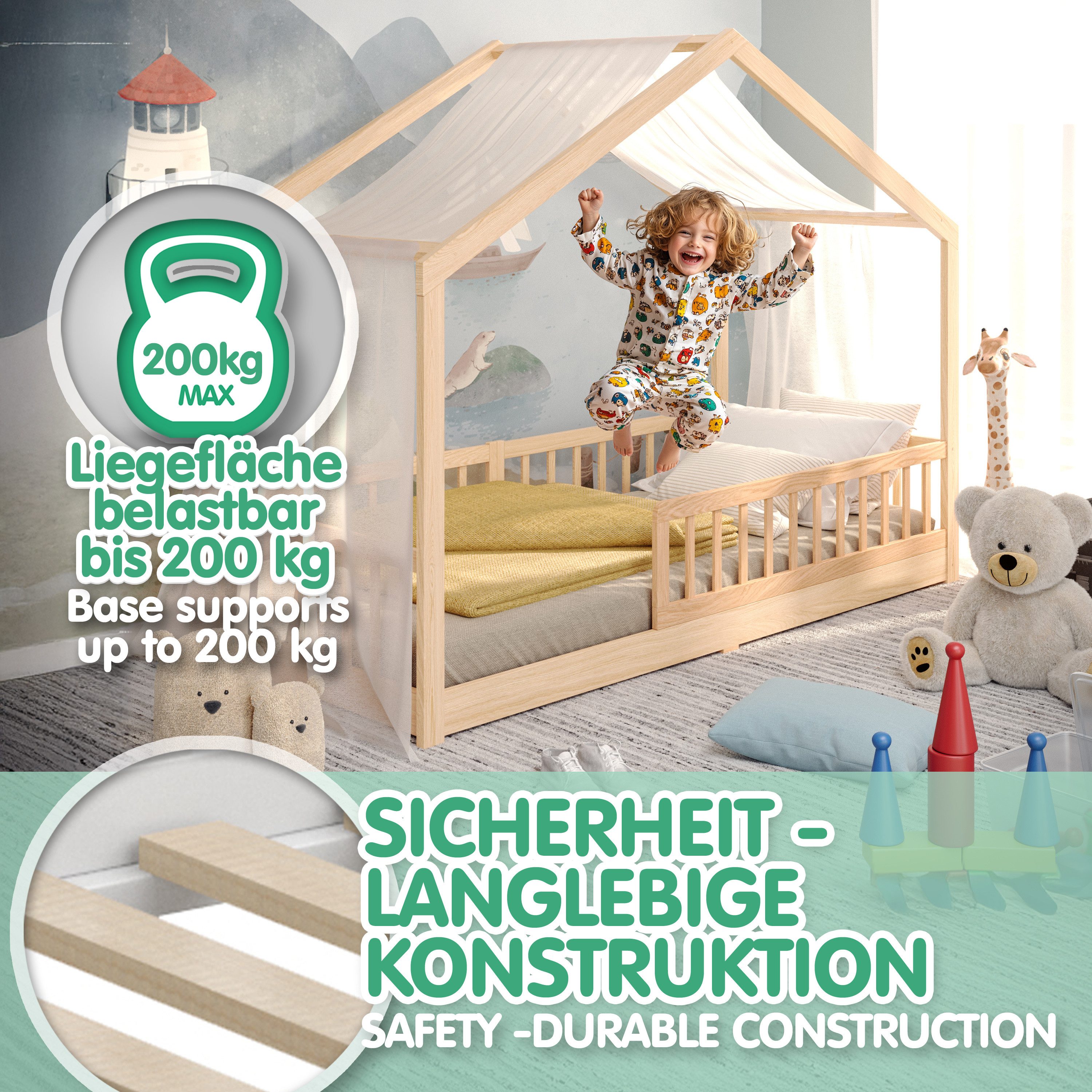 CADANI Kinderbett Malte Hausbett Bodenbett Rausfallschutz abnehmbar bis 200 kg belastbar (90x200 cm, Montessori Kinder- & Jugendbett aus Kiefer Massivholz), ink – Bild 5 von 5