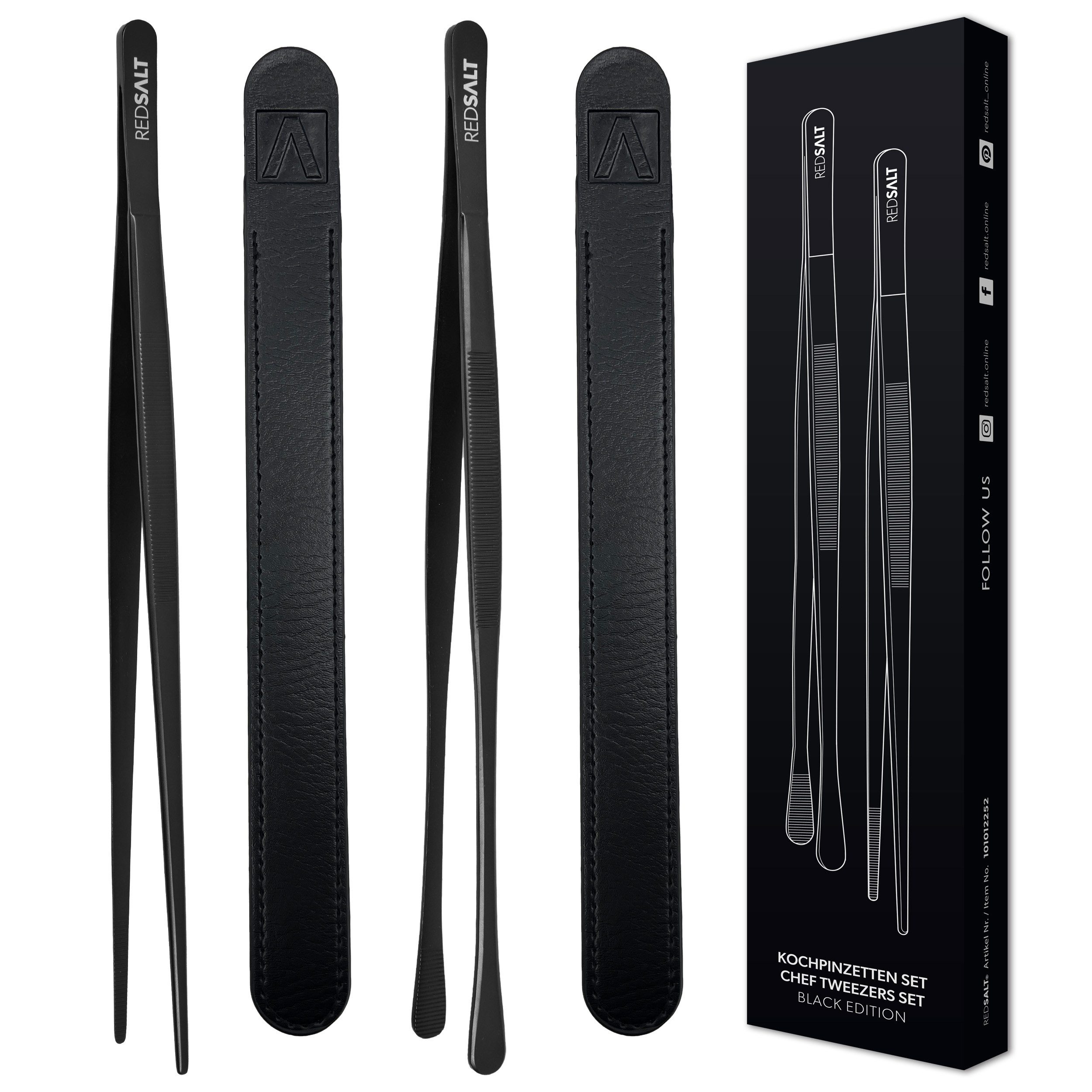 REDSALT® Kochpinzette Black Edition 2er Set Fein & Breit PVD-Plasmabeschichtung, INOX 18/10 Edelstahl Goldstandard 1.4301