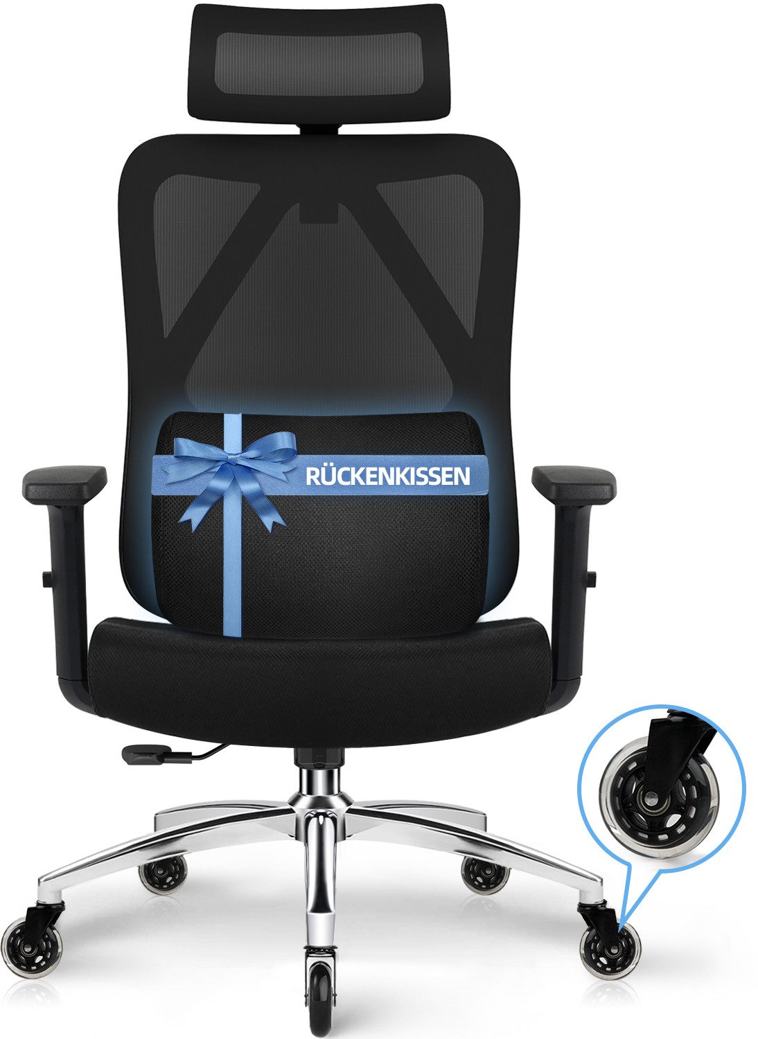 Lexzurn Bürostuhl Bürostuhl ergonomisch, Schreibtischstuhl 3D Memory-Schaum Lendenstütze (Wippfunktion bis 135°, Bis 200kg Belastar, Atmungsaktiv Mesh), Höhenverstellbarer Chefsessel Drehstuhl