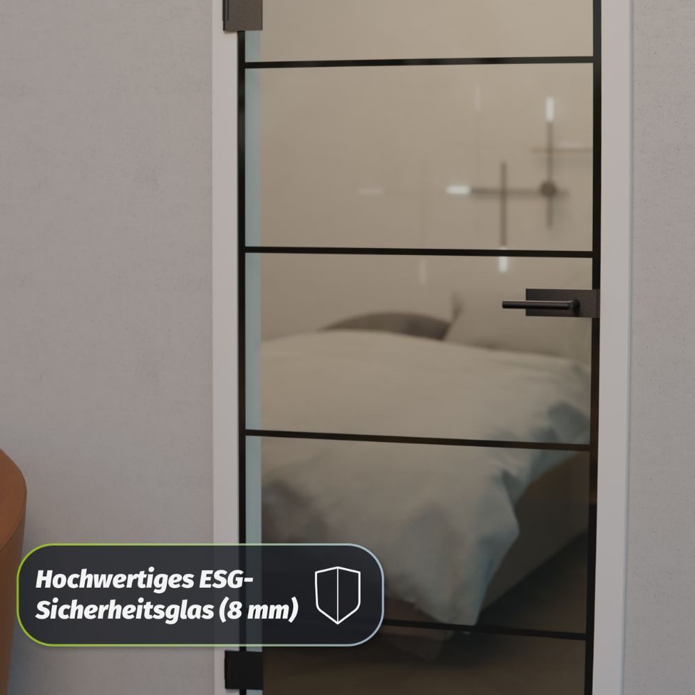 HORI Zimmertür Glastür aus ESG Glas Zimmertür Modernes Loft-Design in Schwarz, Thermisch behandeltes Glas, erhöhte Stoß- und Schlagfestigkeit