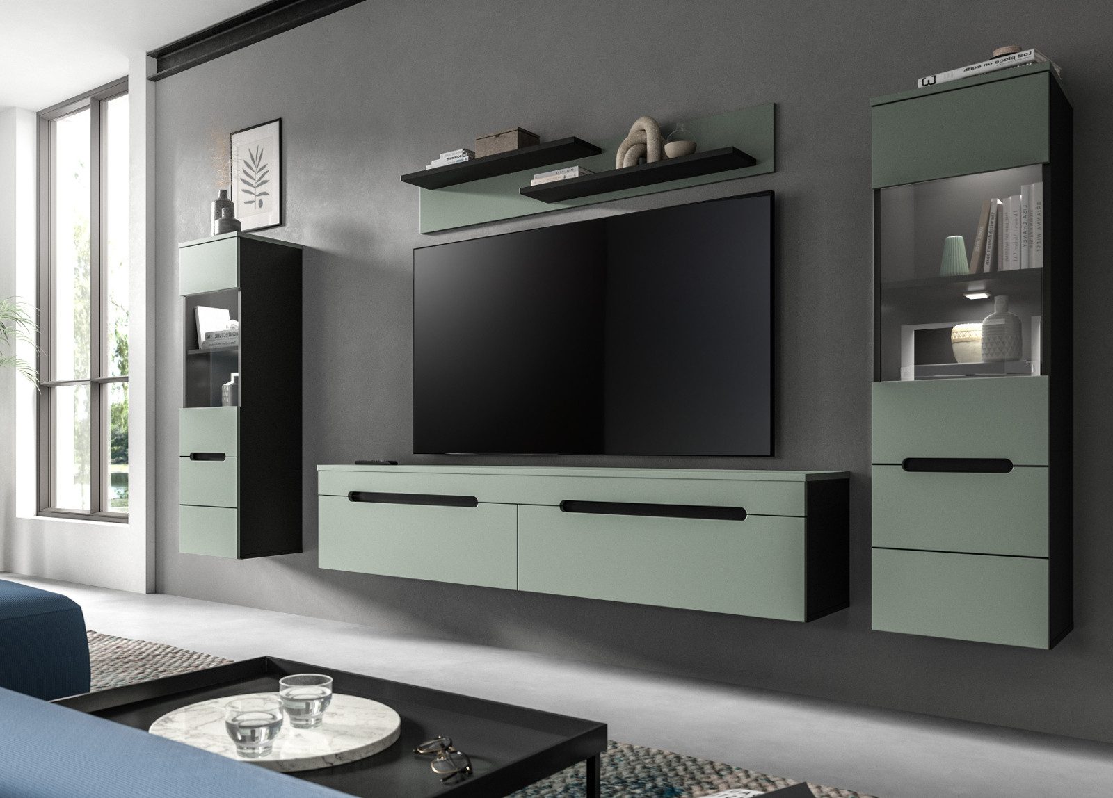 Inn.Furn Wohnwand Cooper, (Schrankwand in Salbei Grün und Basalt Grau, 4-teilig, 270 x 170 cm), hängend oder stehend, Soft-Close-Funktion – Bild 4 von 5