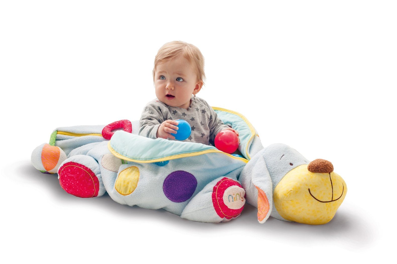 Woodyland Lernspielzeug Bällebad Kuschelhund Länge 124cm und Kuschelhund mit Soundeffekten