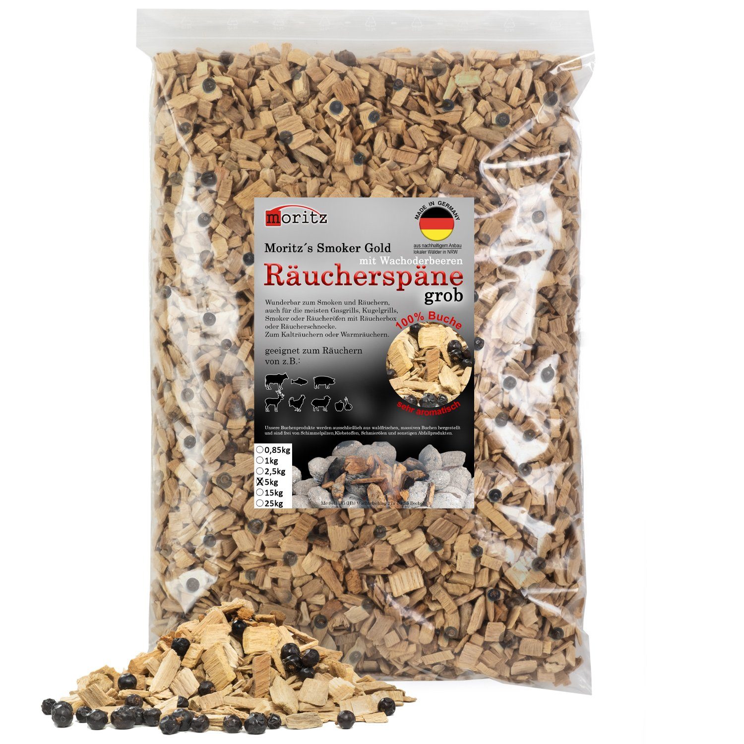 Moritz Räucherbox 5kg Räucherspäne Buche mit Wacholder grob 6 -12 mm zum smoken, räuchern/kalträuchern von Fleisch, Fisch, Gemüse geeignet