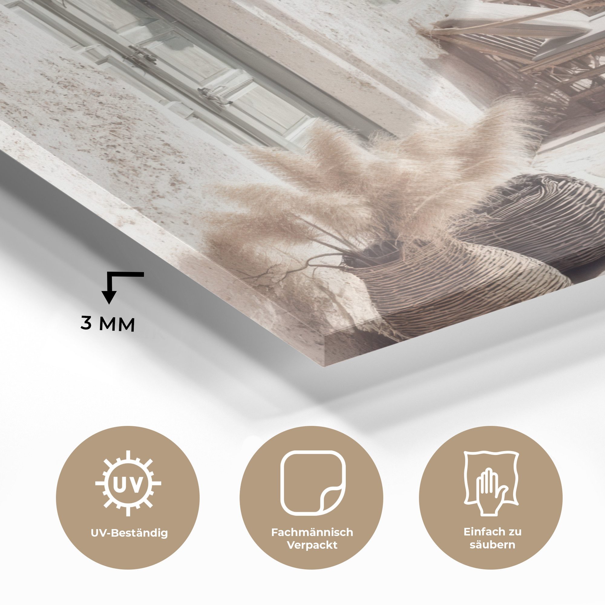 MuchoWow Acrylglasbild Terrasse - Stühle - Strand - Beige, Inkl. Aufhängung, Bilder auf Glas Wandbild, Wanddeko Wohnzimmer Badezimmer, 20x20 cm – Bild 3 von 5