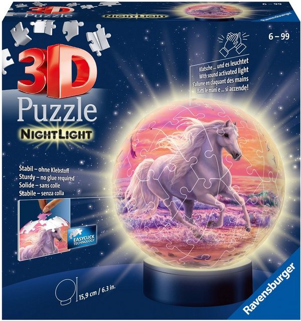Image of 2in1 Nachtlicht & Puzzleball® Ø13 cm, 72 Teile , Pferde am Strand
