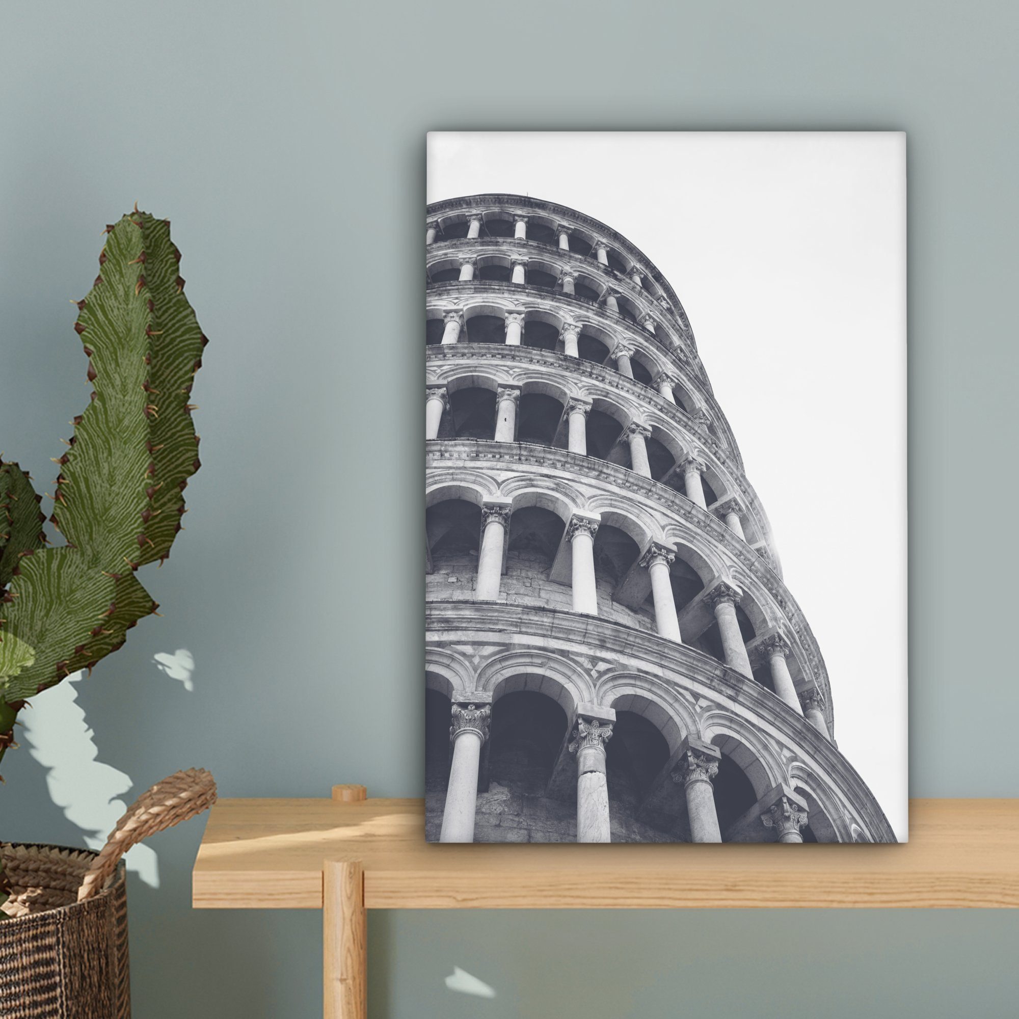 OneMillionCanvasses® Turm fertig Pisa - Leinwandbild Italien Gemälde, cm 20x30 Zackenaufhänger, inkl. - weiß, und Schwarz Leinwandbild (1 St), von bespannt