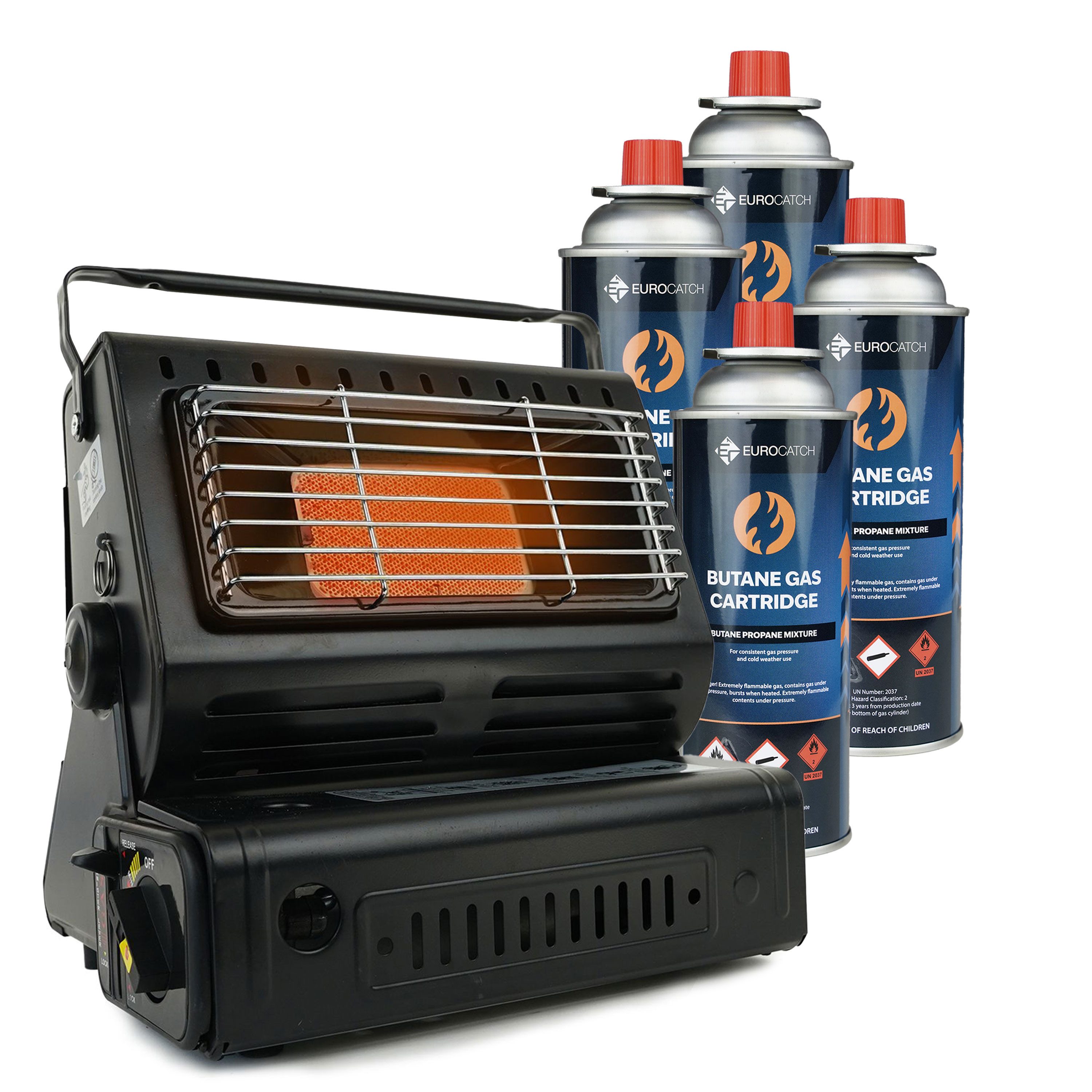 Eurocatch Fishing Terrassenstrahler Eurocatch mobiler Butan-Gasheizer, tragbar, kompakt, verstellbarer Heizstrahler, abnehmbarer Kochrost