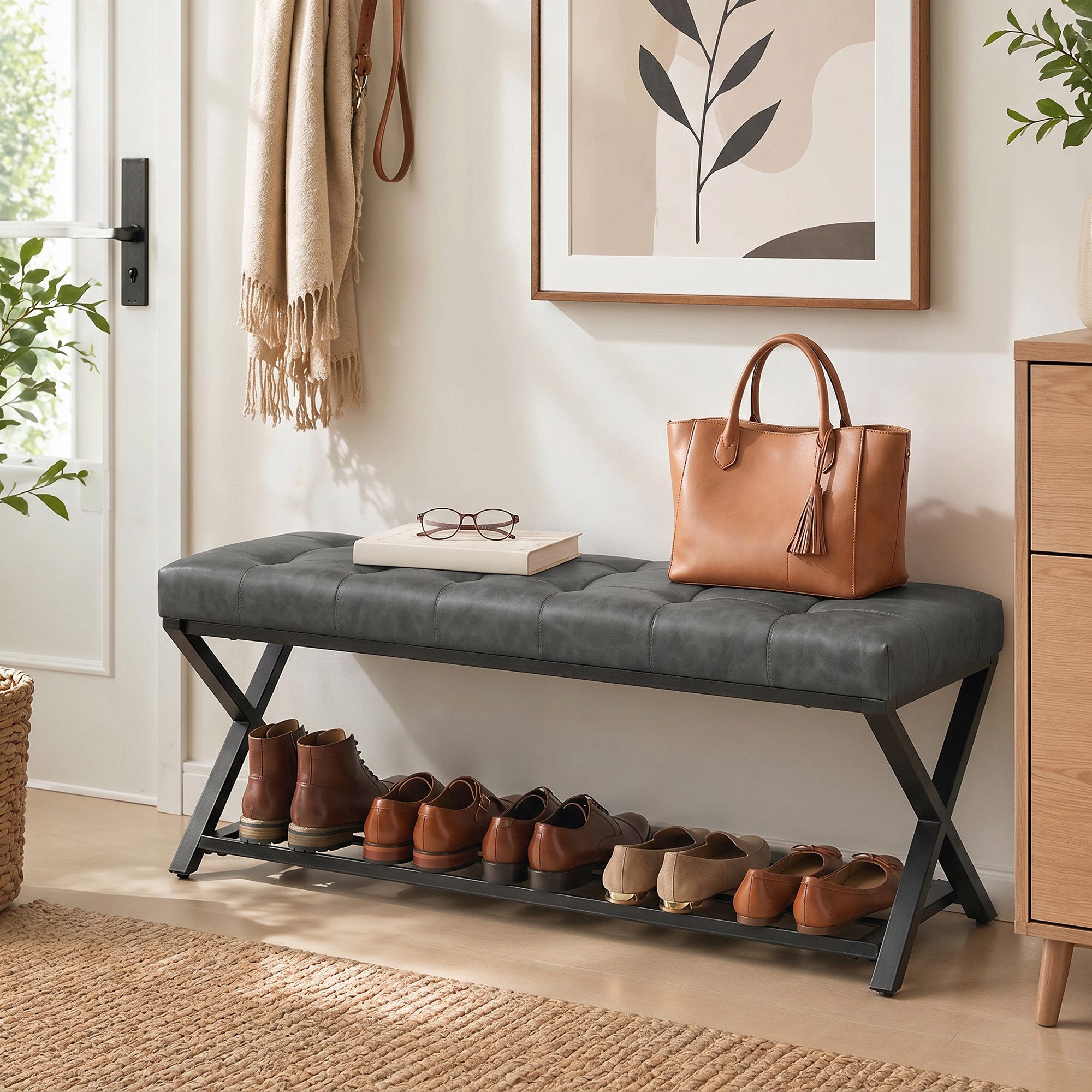 HOMCOM Schuhbank Sitzfläche, Schuhregal mit Stauraum, Kunstleder, bis 220kg (Industrielle Sitzbank, 1-St., inkl. Sitzkissen), für Flur Eingangsbereich, 112x37x47cm, Dunkelgrau