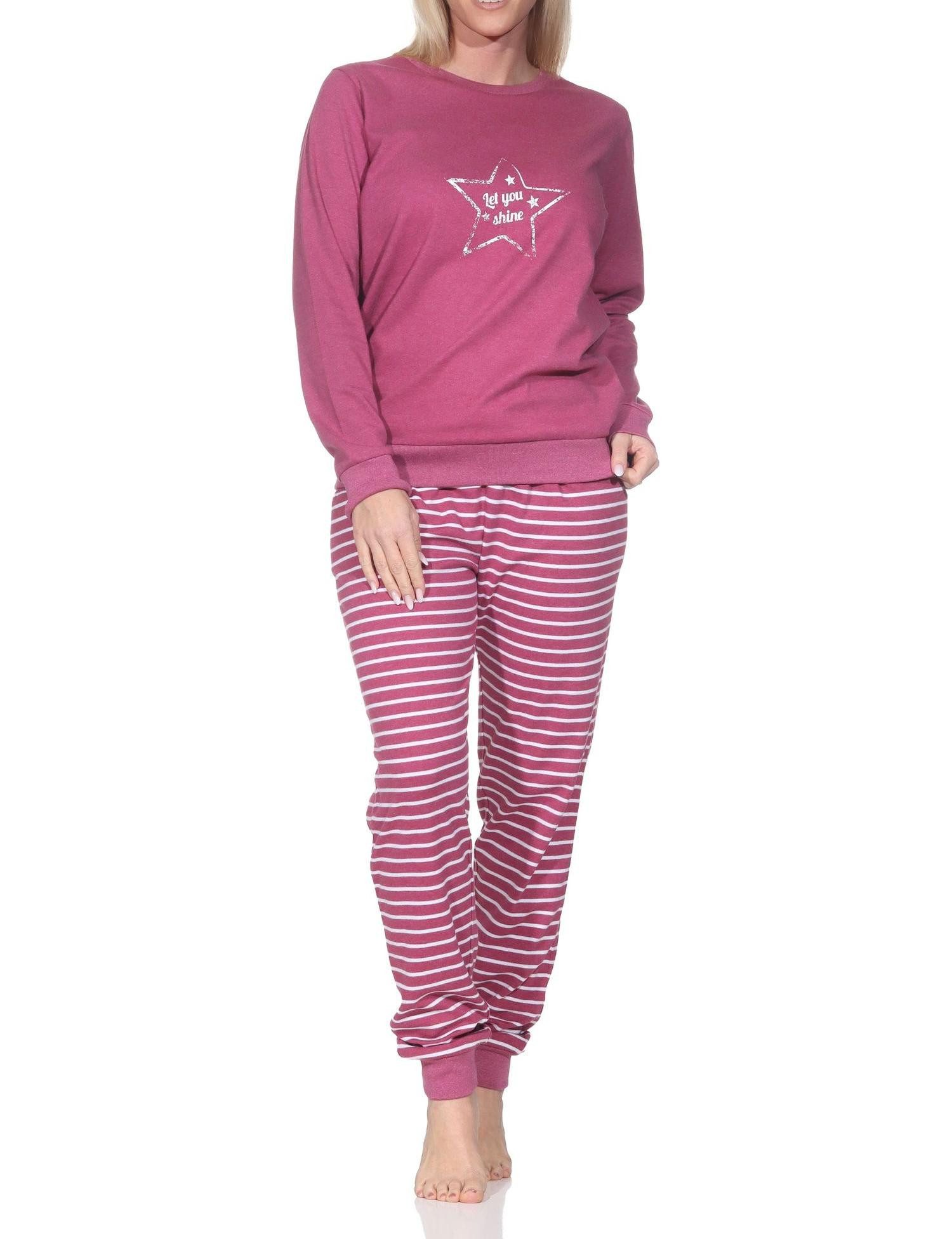 Pyjama Kuscheliger Damen Schlafanzug lang mit Bündchen und Stern Motiv