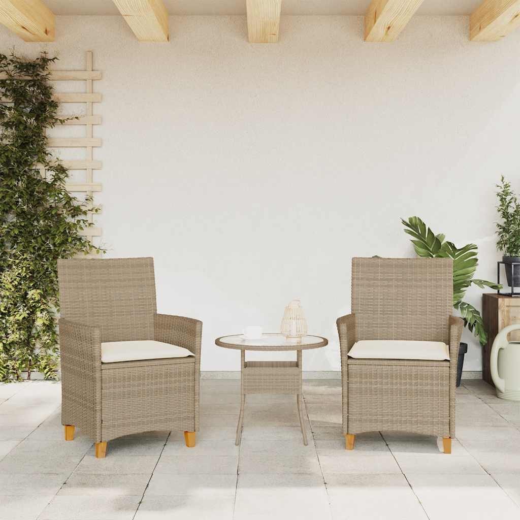 vidaXL Gartenstuhl Gartenstühle mit Kissen 2 Stk. Beige Poly Rattan Massivholz (2 St)
