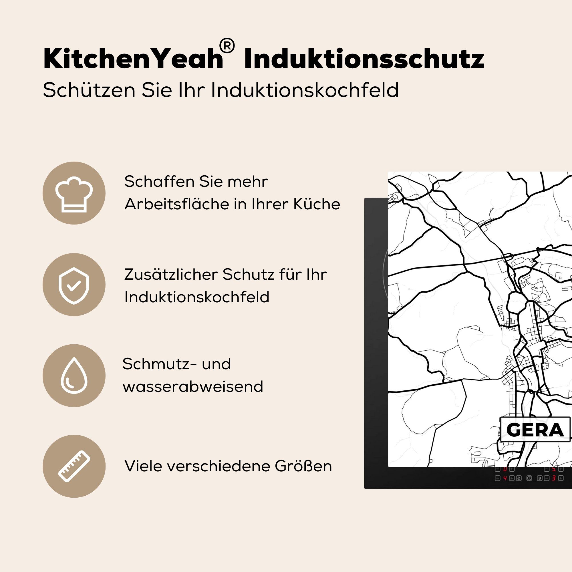 MuchoWow Herdblende-/Abdeckplatte Karte - Gera küche Arbeitsplatte cm, 78x78 für - Vinyl, tlg), Stadtplan, Ceranfeldabdeckung, (1