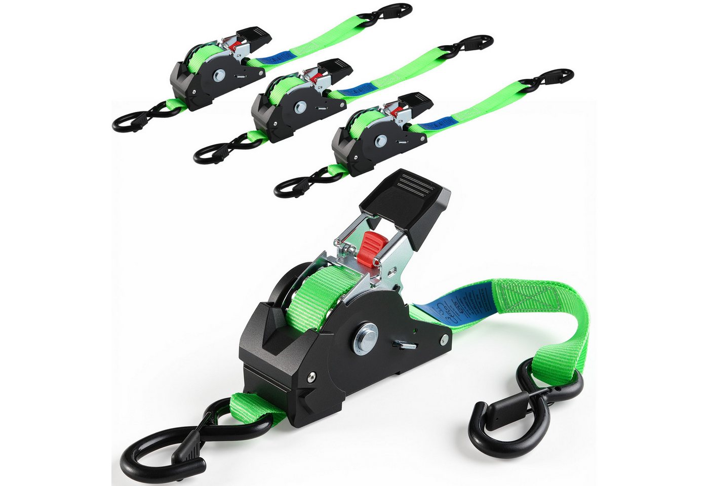 TLGREEN Spanngurt Automatik Spanngurte mit S Haken, (4-St., 3 m x 25mm, Selbstaufrollende Spanngurte mit S Haken) 748kg Bruchfestigkeit,für LKW, Anhänger, Motorrad, Fahrrad & Mehr