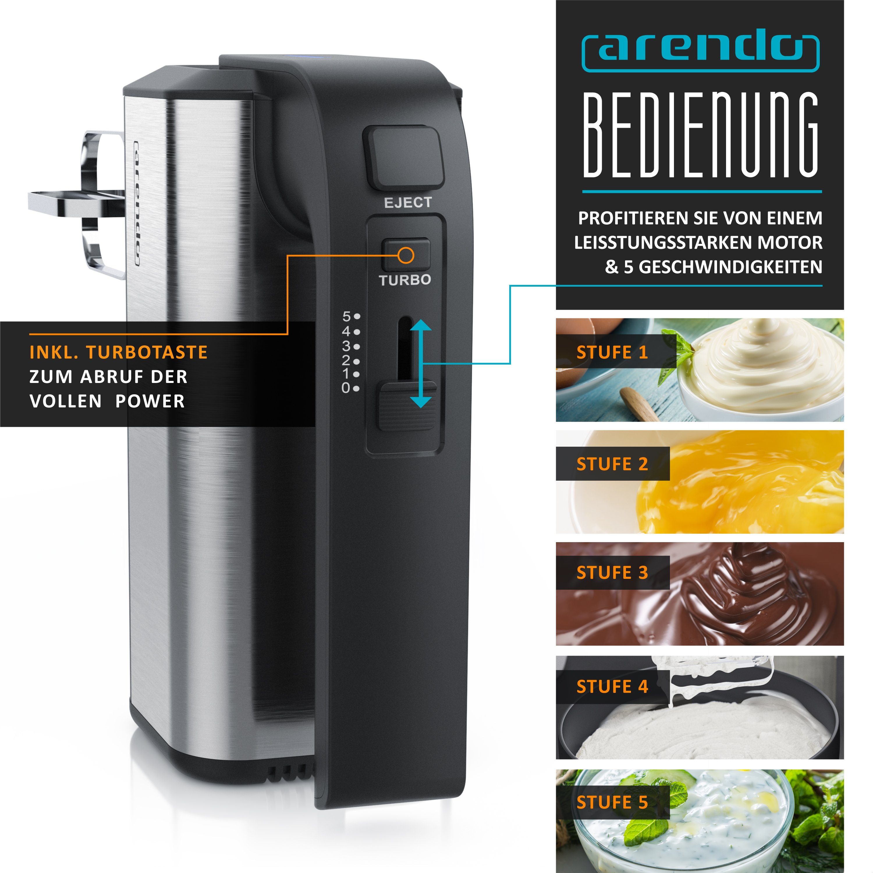 Arendo Handmixer Handrührgerät, 5 Geschwindigkeiten, inkl. 2 Rührbesen & 2 Knethaken, 350 W, Edelstahl, spülmaschinengeeignet, 5 Geschwindigkeiten Plus Turbo