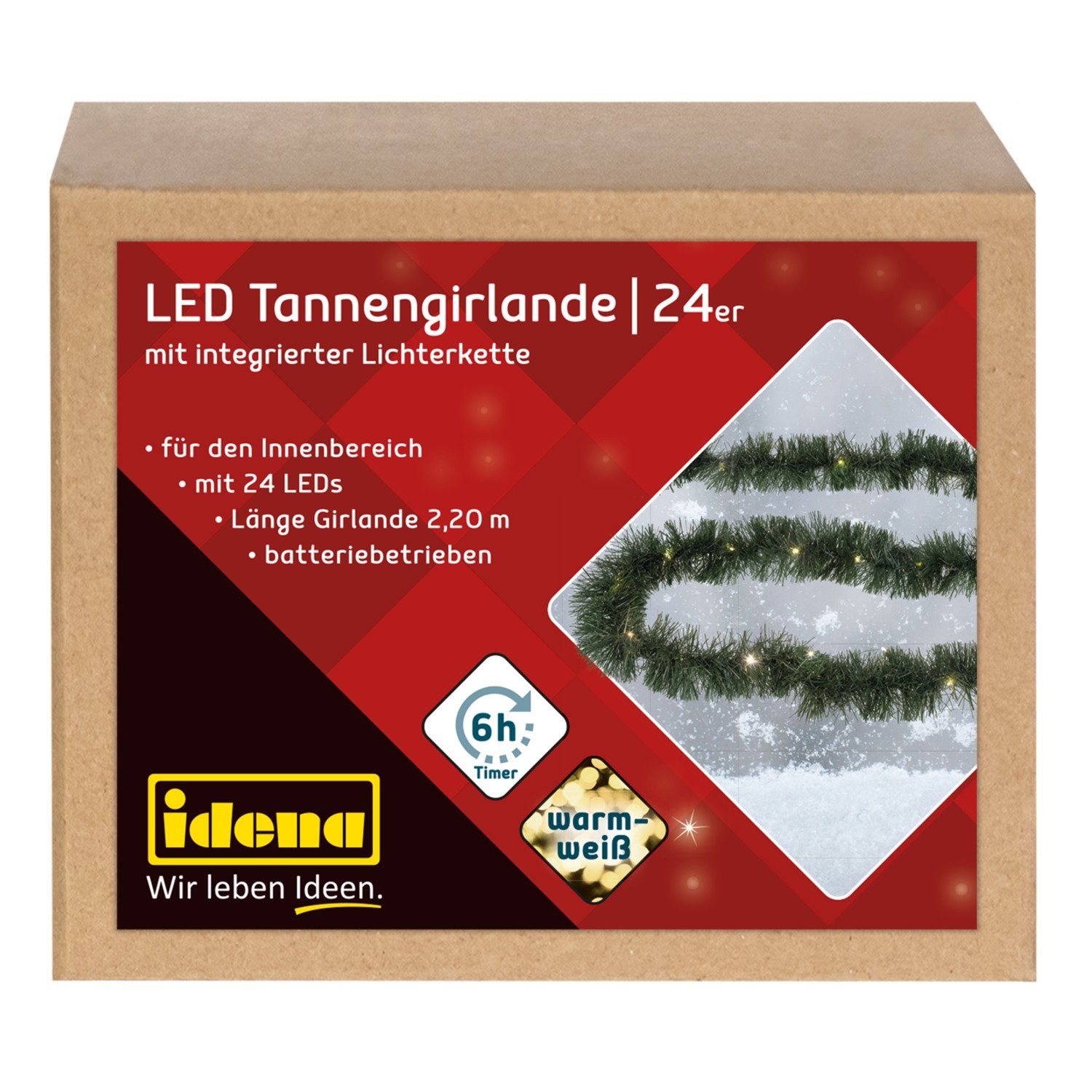 Idena LED-Girlande Idena 31345 - LED Tannengirlande mit 24 LEDs in Warmweiß, mit 6 Stunde