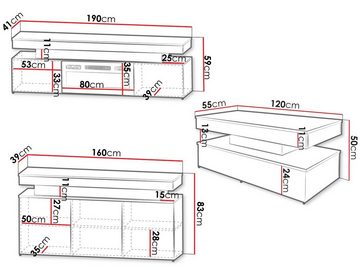 MIRJAN24 Wohnzimmer-Set Glossa II, (3er-Set, Kommode, TV-Lowboard mit Kamin, Couchtisch), mit blauer LED-Beleuchtung