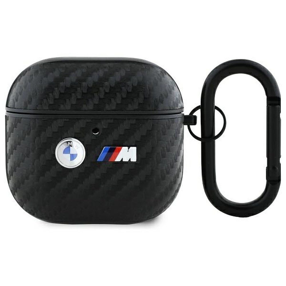BMW Kopfhörer-Schutzhülle Ohrhörer-Etui Ladeschalenschutz Karabinerhülle, Carbon-Optik, Metall-Logo, Karabiner, kratzfest