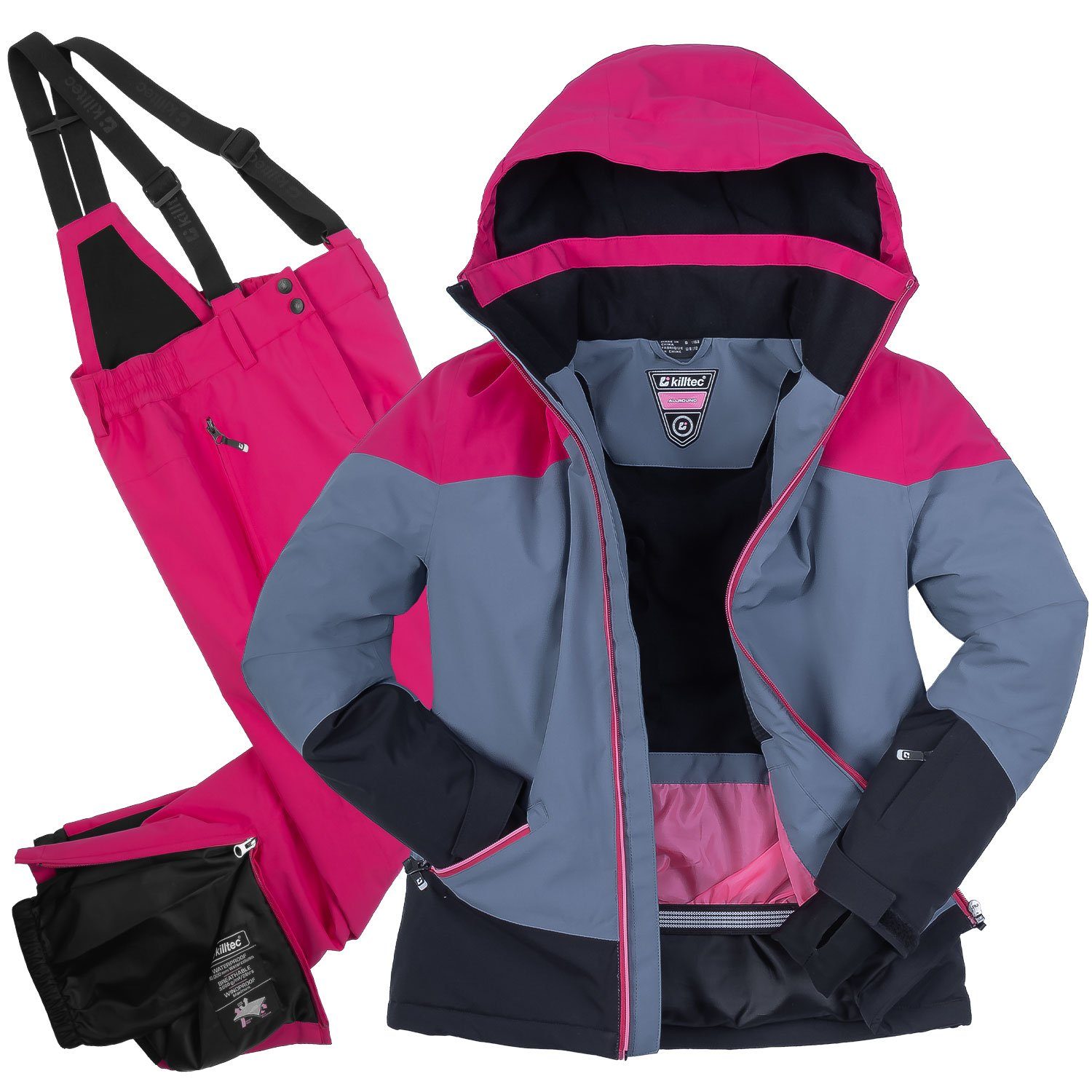 größenverstellbarer Skihose Mädchen + Ärmelabschluss 128, (Klettverschluss) Skijacke Killtec (Gr. blaugrau/pink), Skianzug