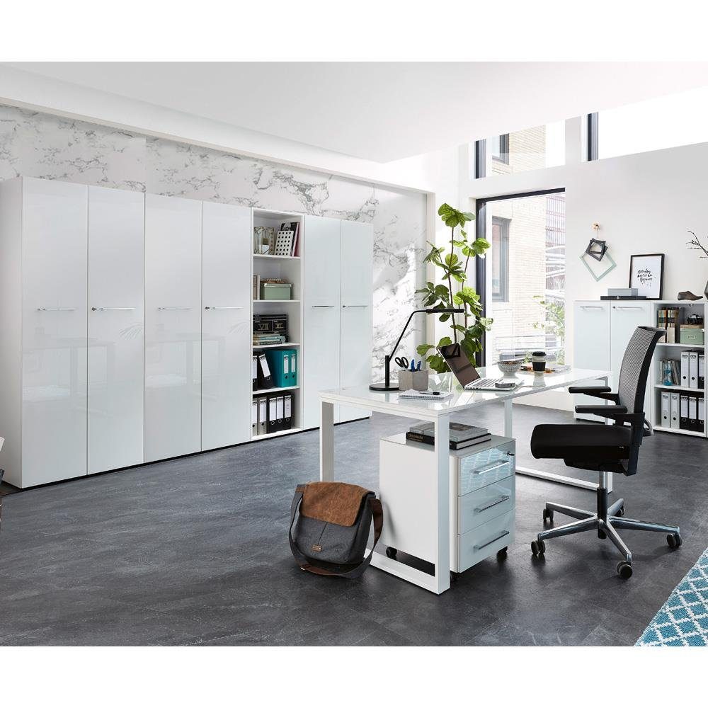 Lomadox Schreibtisch MONTERO-01, mit hochwertigen Glasfronten in weiß 420x196x37 cm
