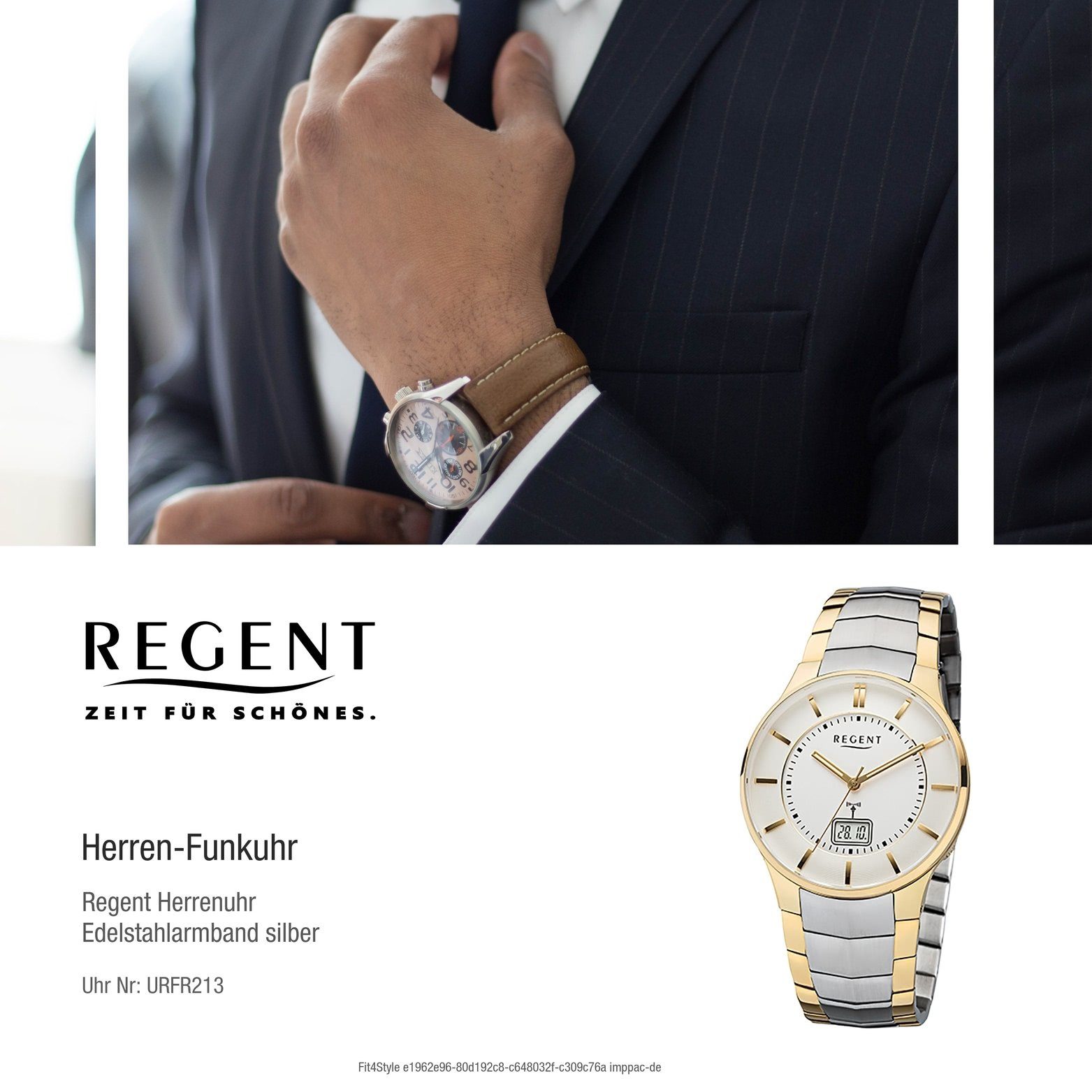 Regent Funkuhr Regent Herrenuhr Herrenuhr FR213 39mm), Edelstahl Edelstahlarmband, Funkuhr, rundes (ca. Elegant-Style Gehäuse