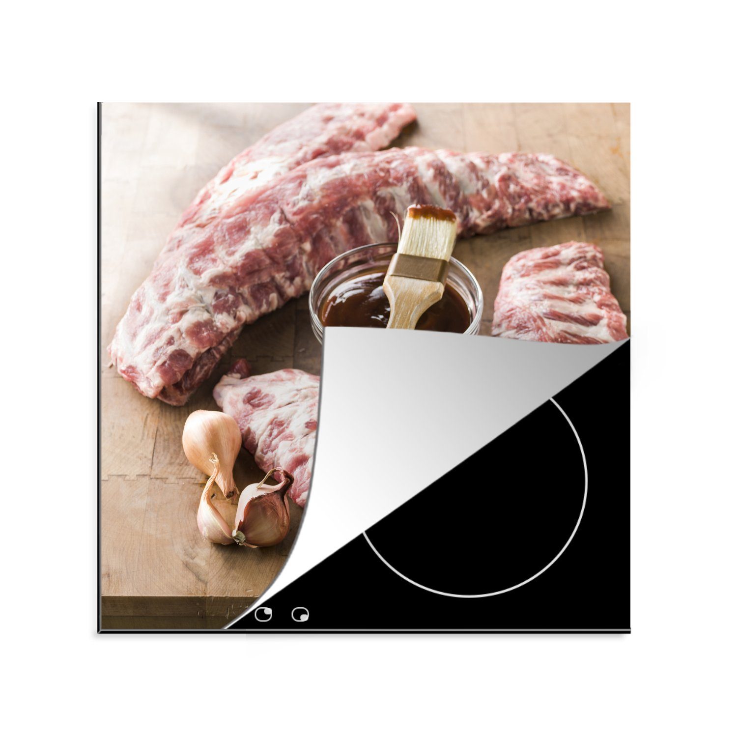 MuchoWow Herdblende-/Abdeckplatte Rohe Spareribs mit einem cm, Fleisches, 78x78 küche Tablett zum tlg), für des Vinyl, Marinieren (1 Ceranfeldabdeckung, Arbeitsplatte
