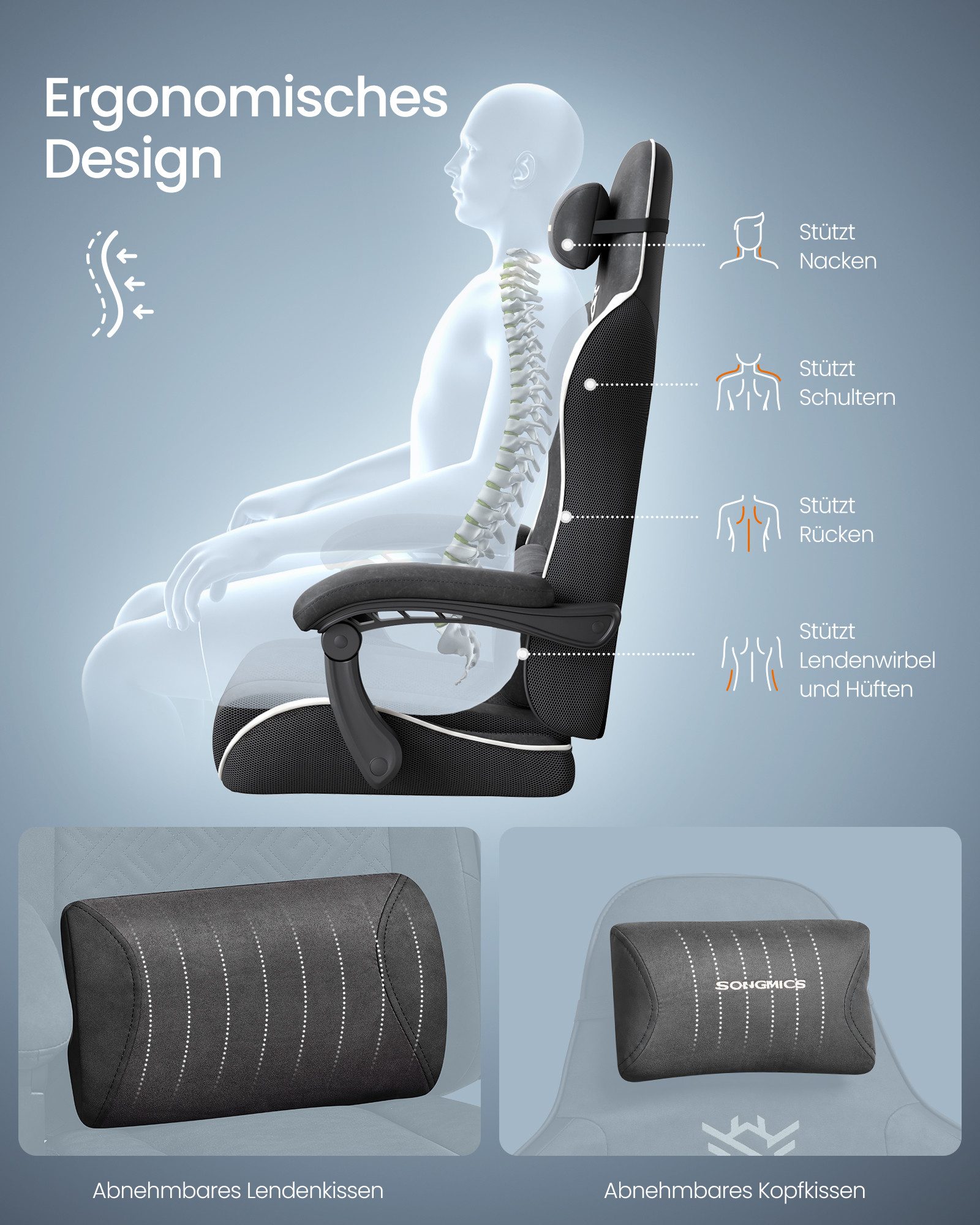 SONGMICS Bürostuhl Gaming-Stuhl, Schreibtischstuhl, ergonomischer Gaming-Sessel, mit Federn, Fußstütze, Armlehnen mit Synchronmechanik, Sitzkissen – Bild 5 von 5