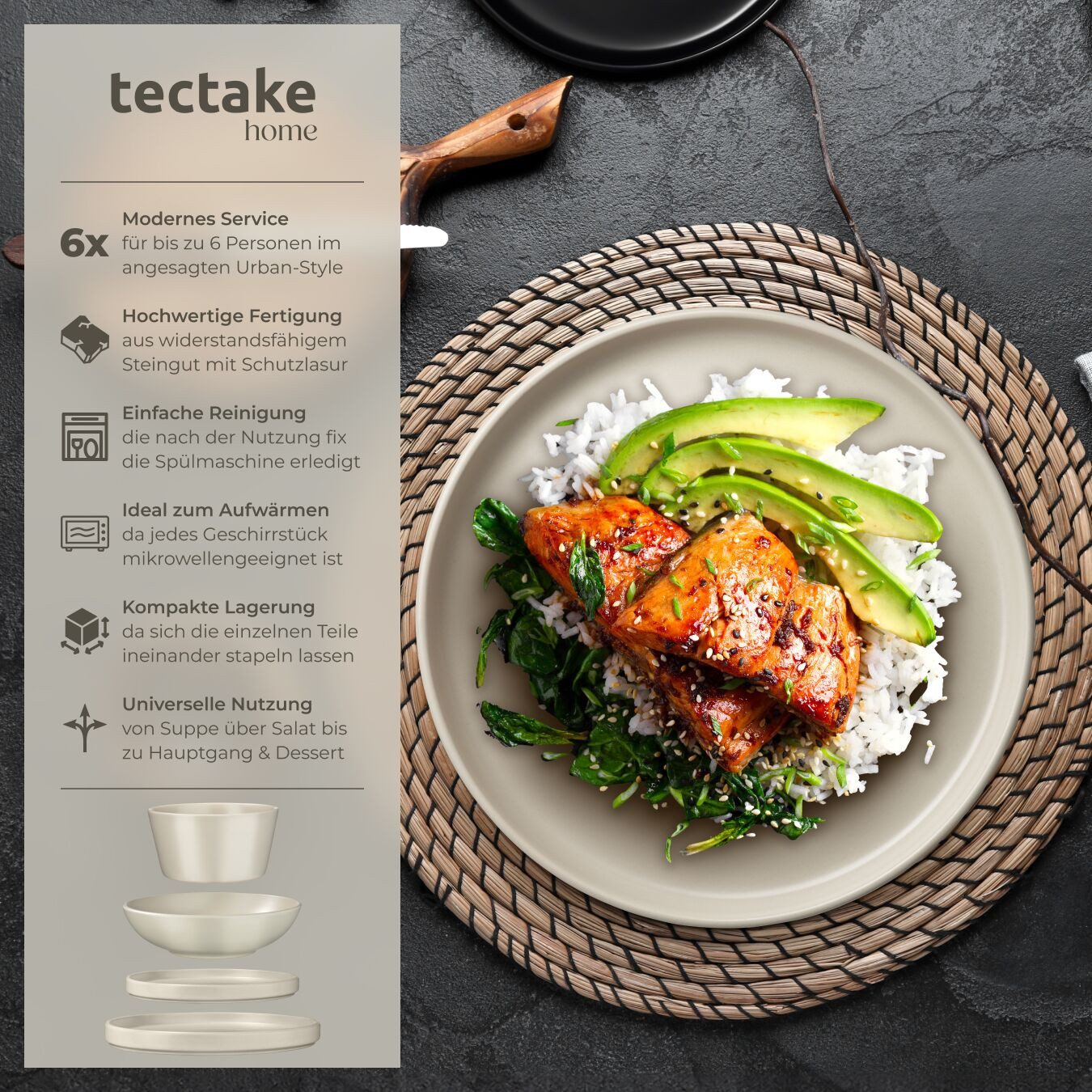 tectake Geschirr-Set Tafelservice aus Steingut für 6 Personen, ineinander stapelbar (24-tlg), 6 Personen, Steingut, im Urban-Style, mit Glasur, spülmaschinen- u – Bild 2 von 5