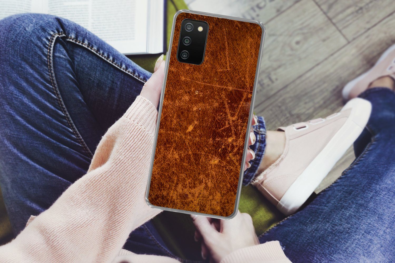 MuchoWow Handyhülle für Samsung Galaxy A03s Leder - Lederoptik - Braun - Orange, Smartphone-Bumper, Print, Handy Schutzhülle Dünn