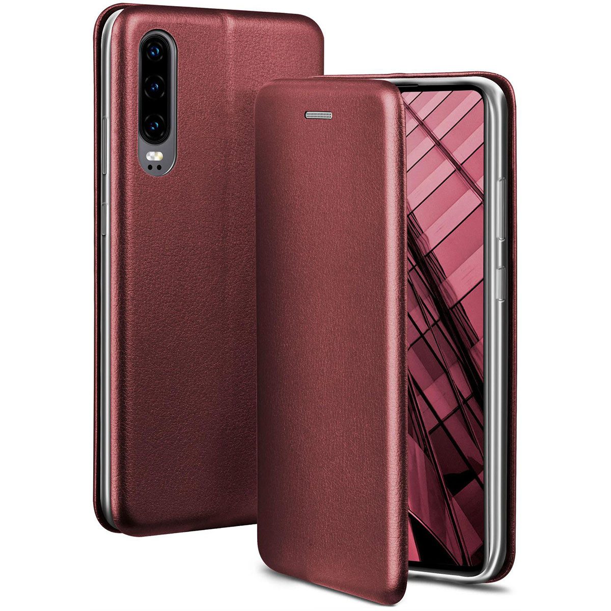 ONEFLOW Handyhülle für Huawei P30 Premium Hülle Business Cover Rot 6,1 Zoll, 360 Grad Schutzhülle Flip Case Etui Klapphülle Dünn Leder Handy Tasche