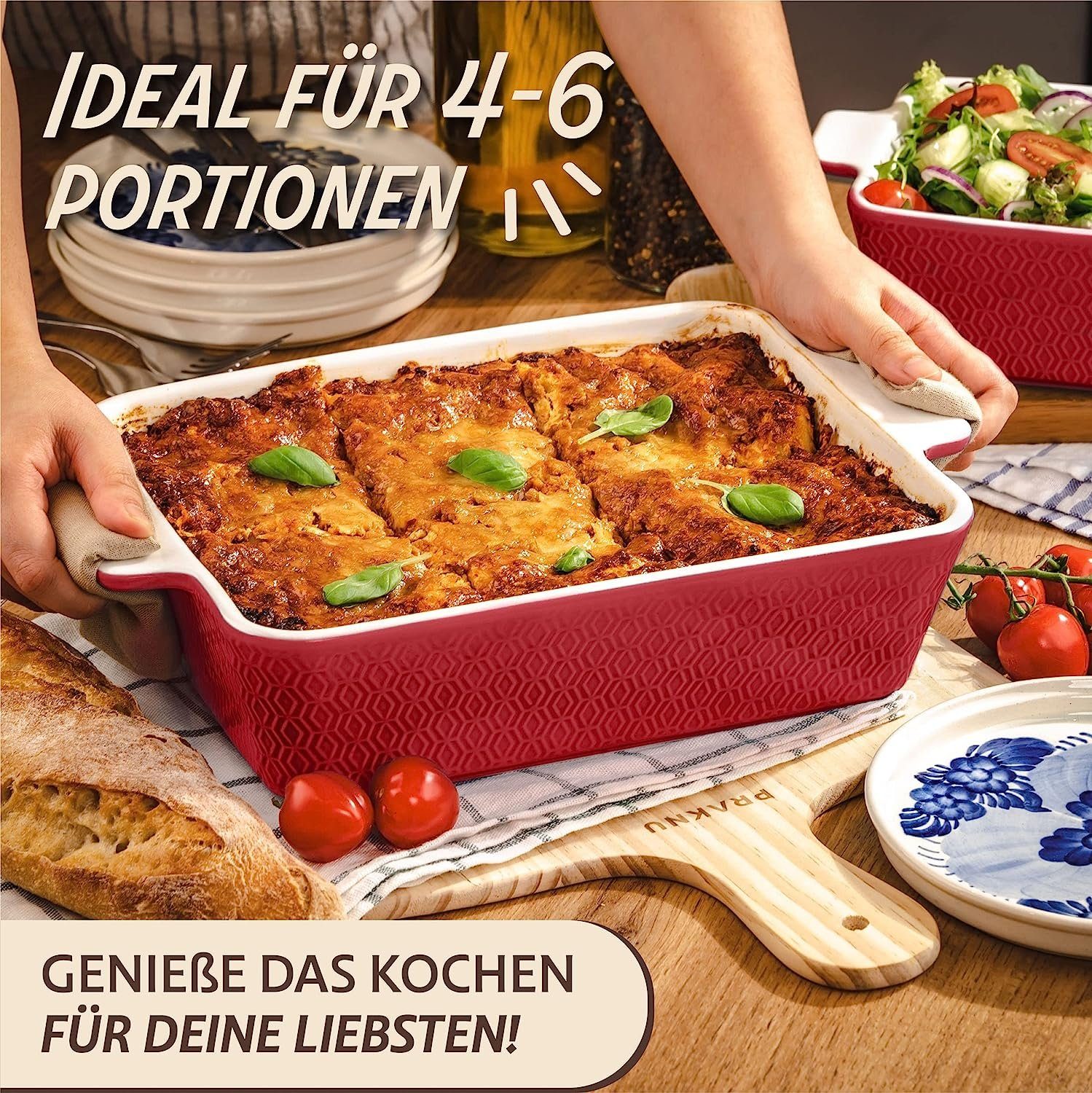Praknu Auflaufform Auflaufform Groß Rot Keramik – Lasagneform 28x22 cm, 8 cm hoher Rand, Keramik, (1-St), Für Lasagne, Tiramisu & Aufläufe – Hitzebeständig – Gr – Bild 2 von 5