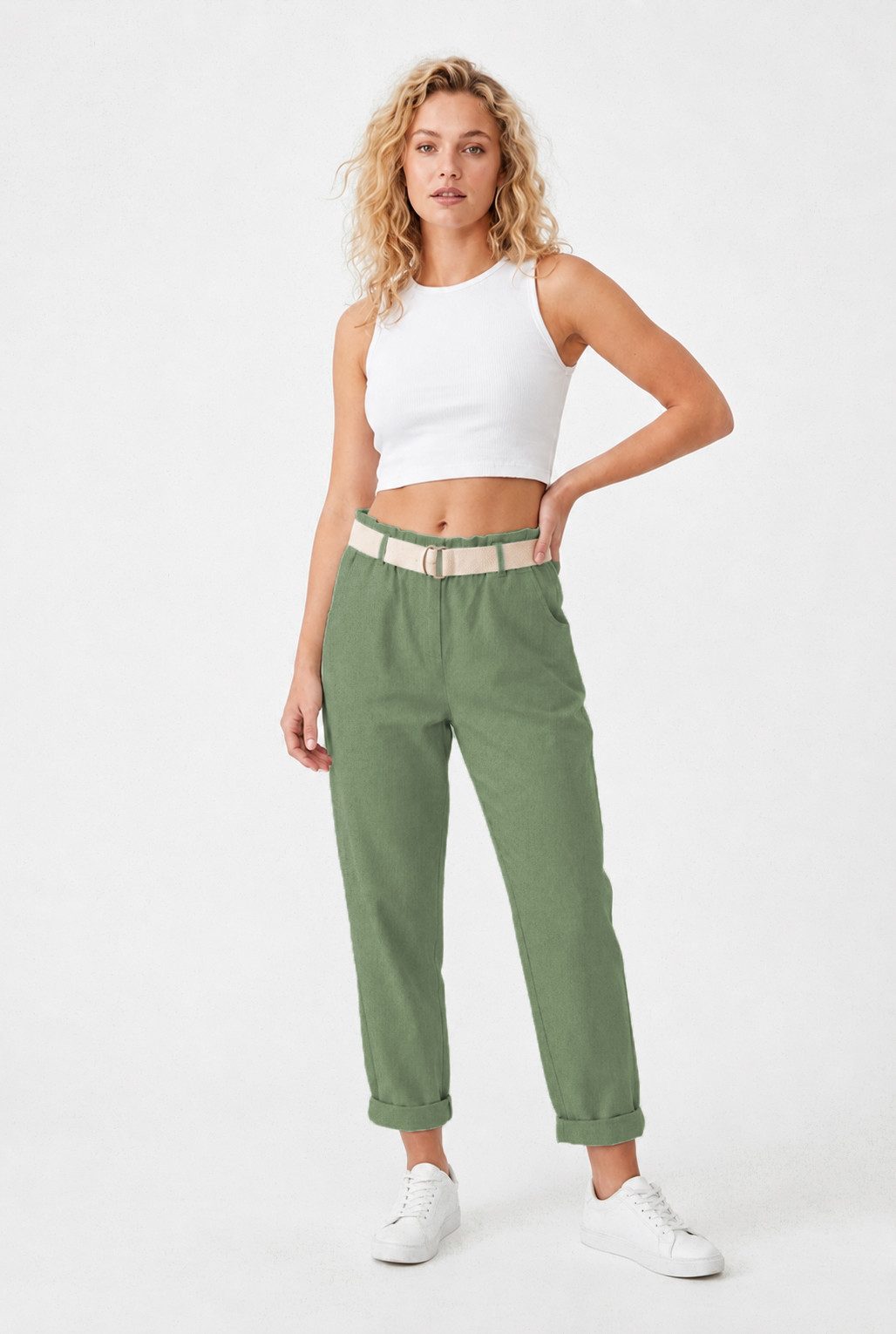 Kendindza Collection Stretch-Hose Damen Chino Hose Stretch mit Gürtel Stoffhose Damen elegant Loose Fit Weiches Material - Loose Fit - weiter geschnitten - Gürt – Bild 3 von 5